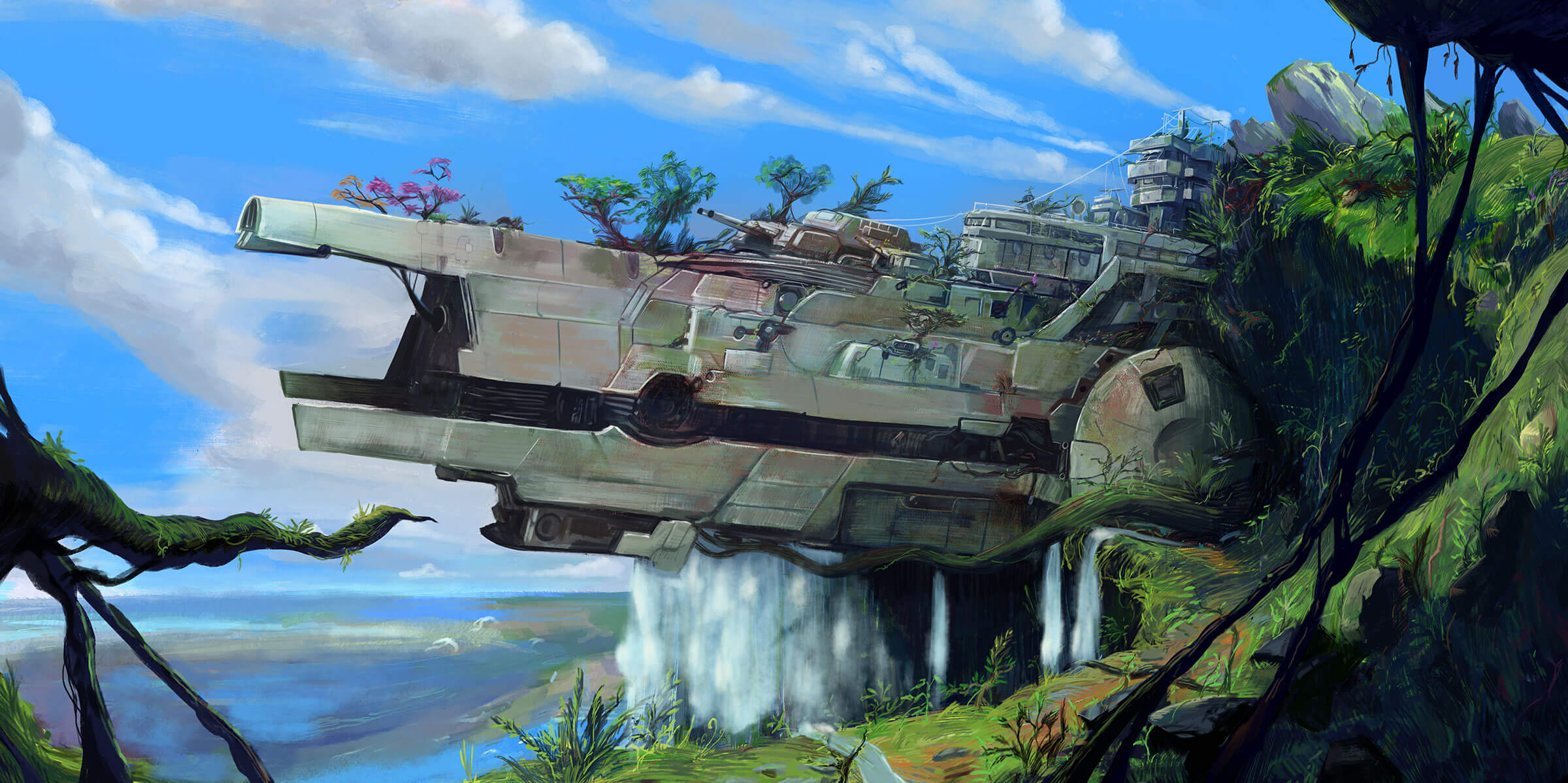 A futuristic warship overgrown with foliage lies abandoned near a waterfall.