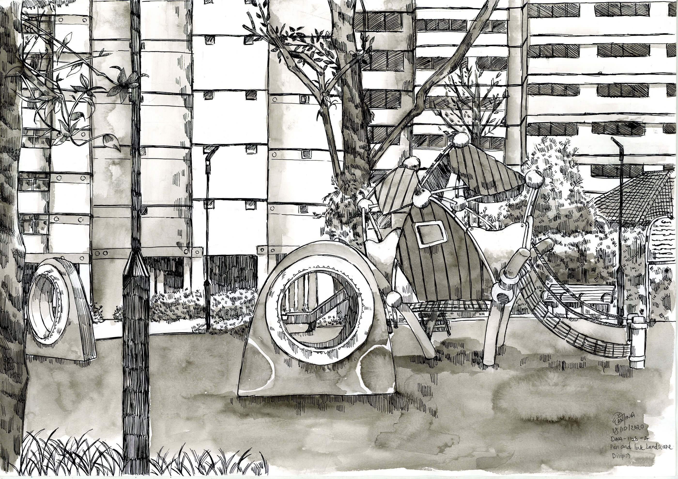 Black-and-White sketch of a playground near high-rise apartments.