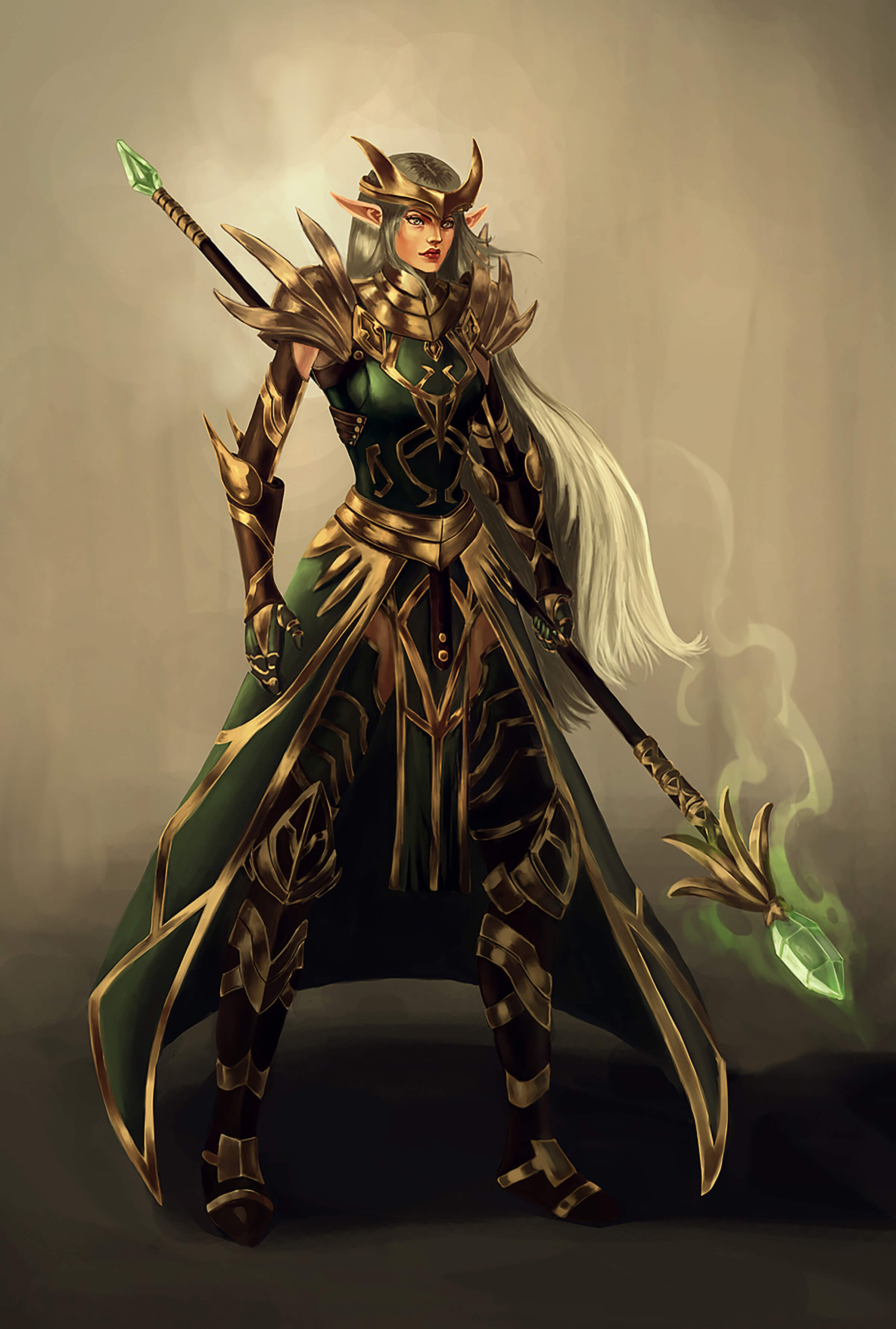 An elvish warrior stands in ornate green and gold armor holding a long staff topped by an emerald gem wafting magical vapors.