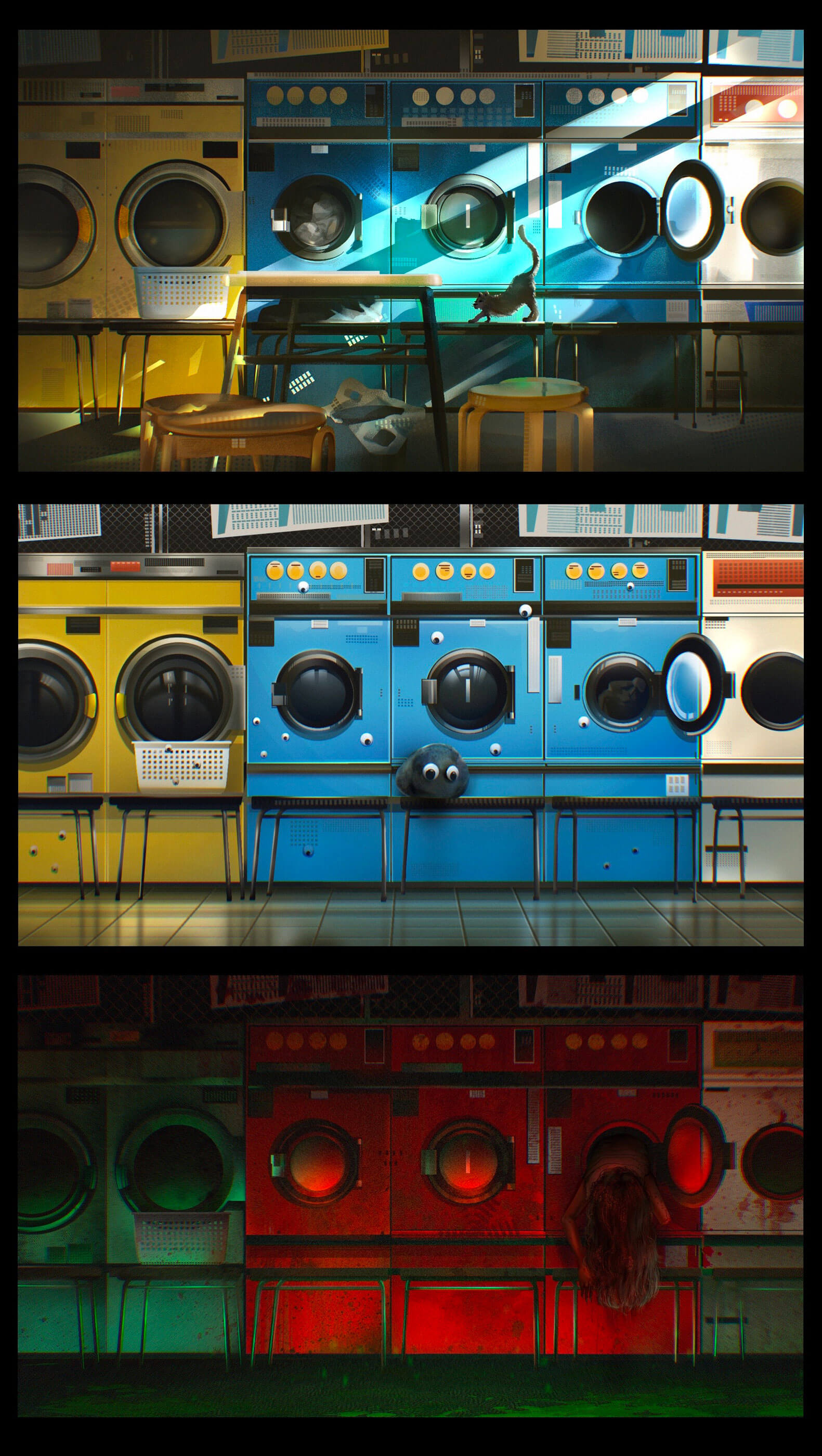 Three different shots of multicolored washing machines that also feature a cat and a harrowing scene with a woman hanging out a red washing machine