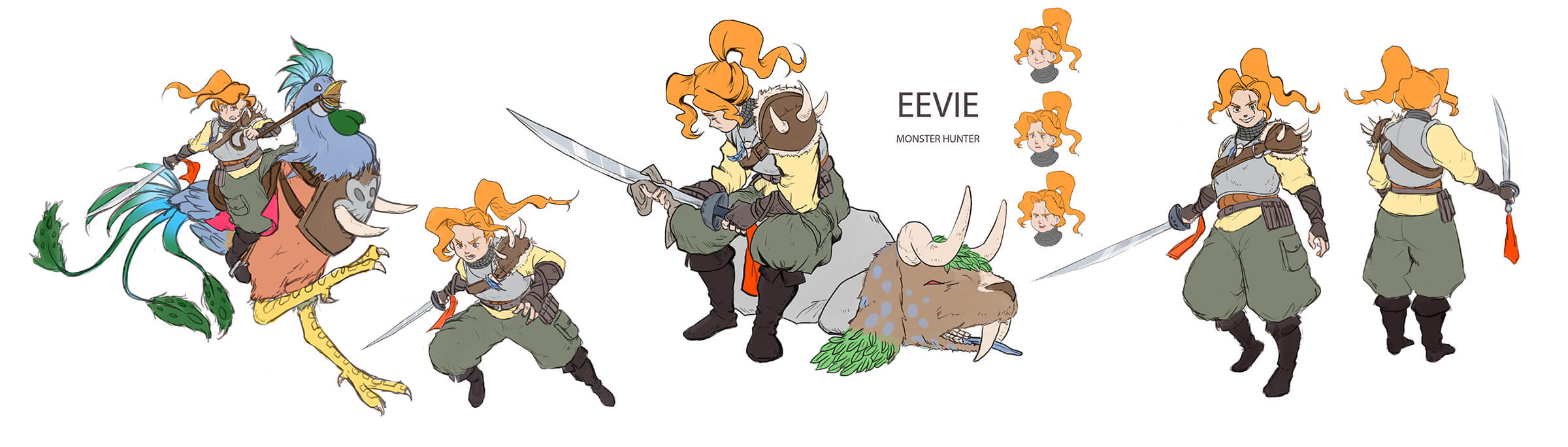 Sketches of an orange-haired warrior brandishing a long, swept sword in various poses, including riding a rooster-like mount.