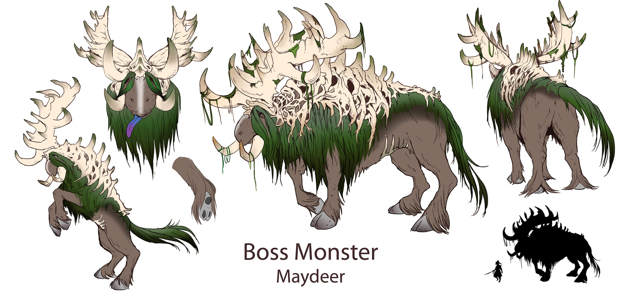 Sketches of a tusked, elk-like beast with mossy green fur topped with expansive skeletal antler structures along its back.