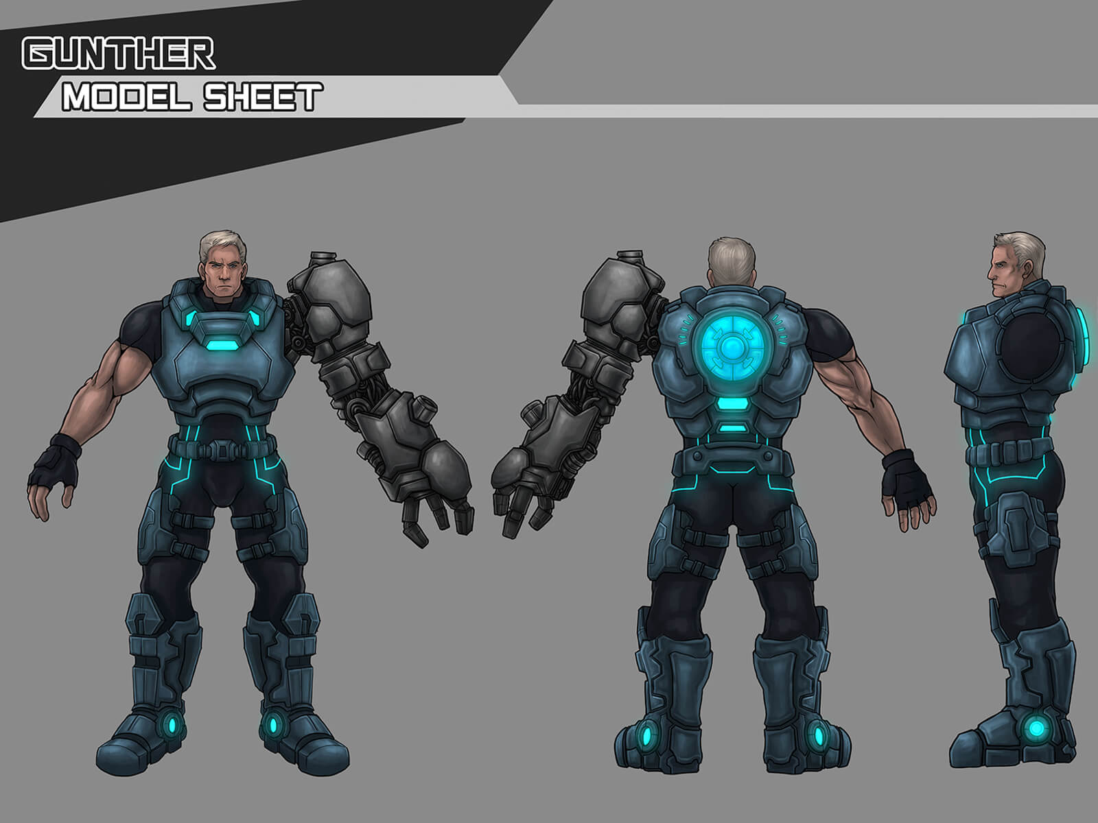 Turnaround character model sheet of a man in a futuristic, blue-metal suit with a bulky robotic left arm attachment.