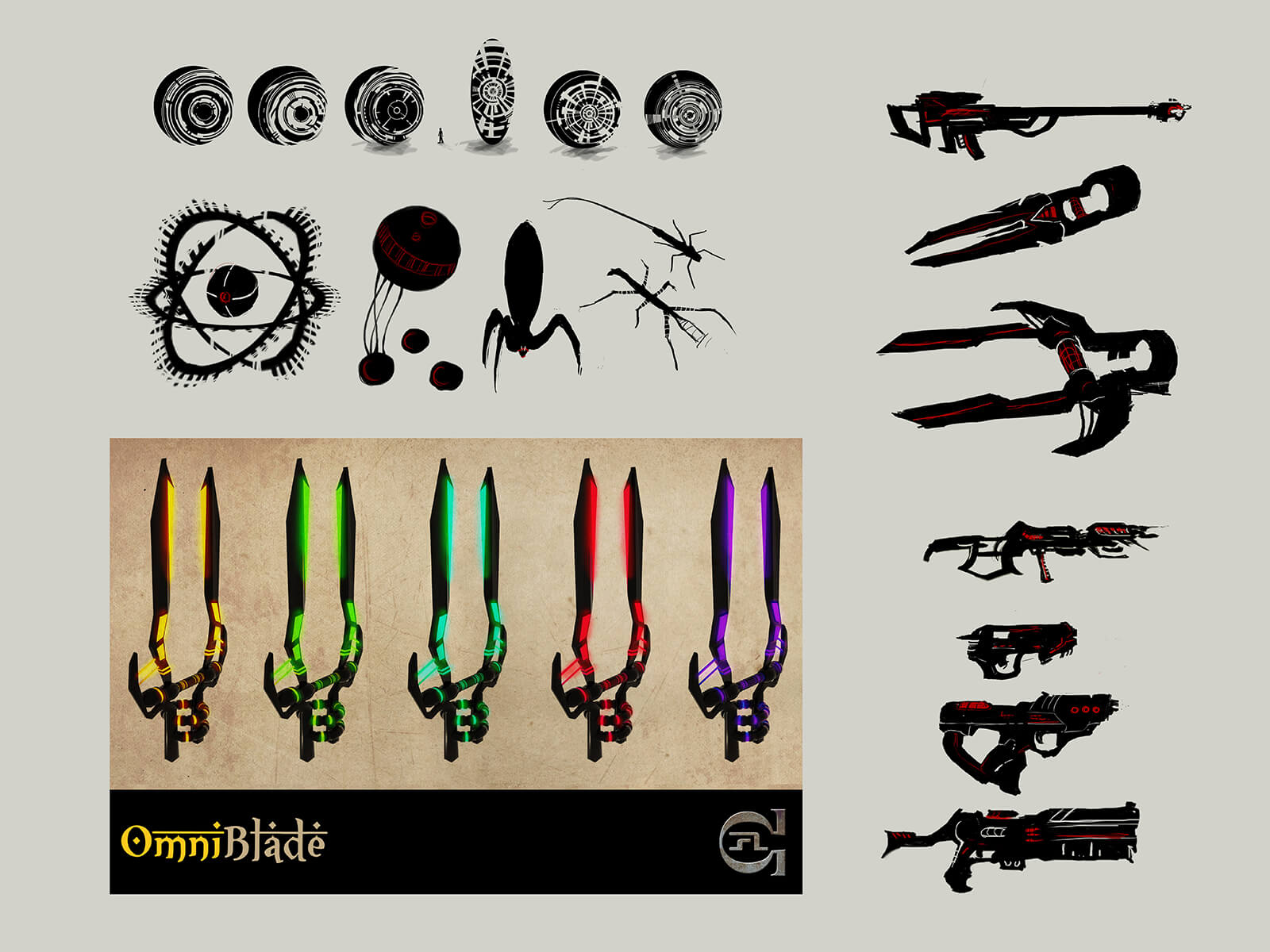 Sketches of various futuristic tools and implements including pistols, rifles, and "OmniBlades" of various colors.