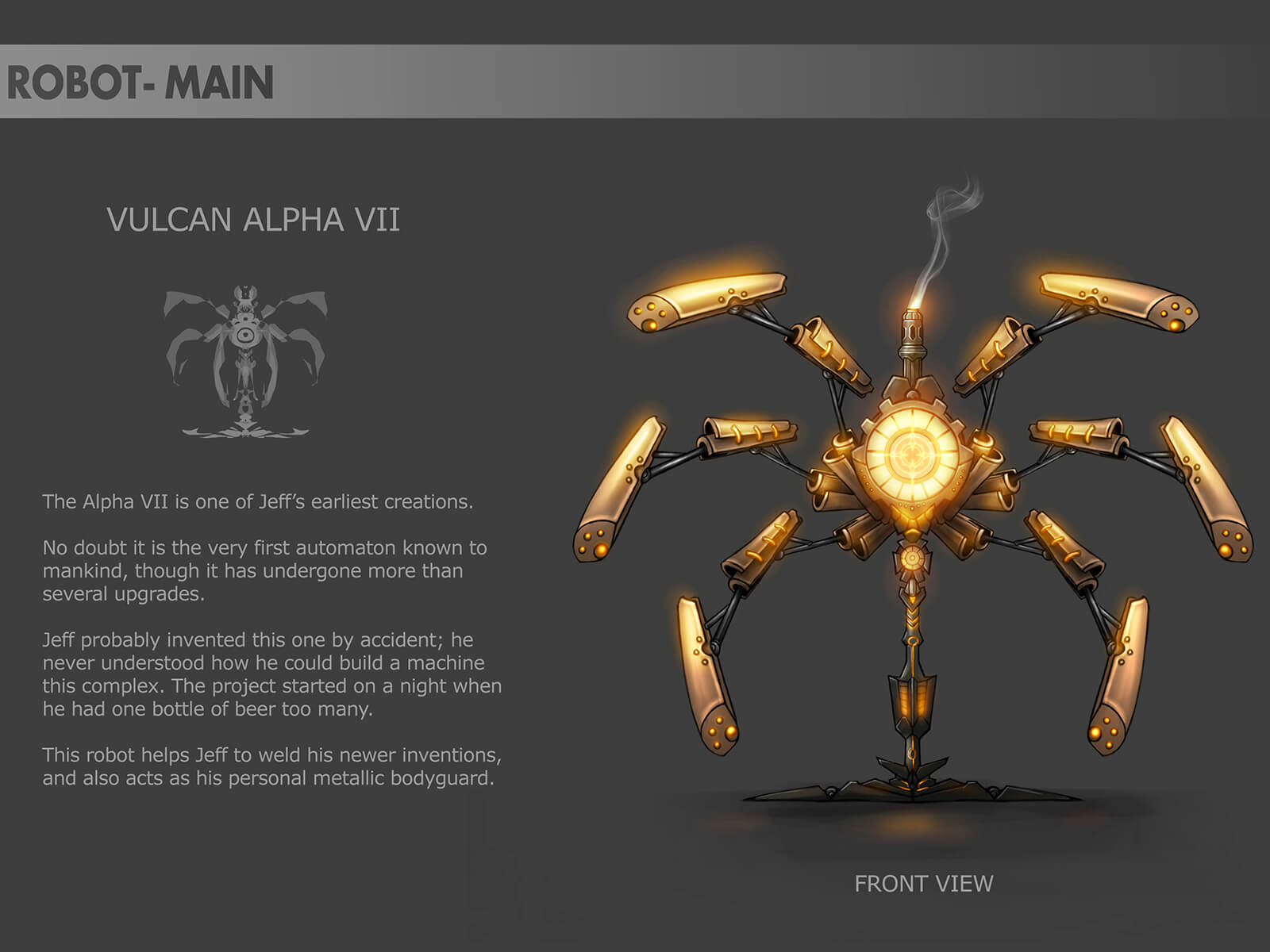 Concept art of a multi-legged golden robot resembling an upright spider, along with name "Vulcan Alpha VII" and description.