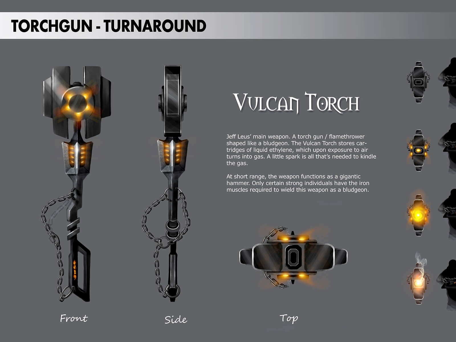 Concept art turnaround of a long, dual-handed flamethrower implement called "Vulcan Torch" in various states of use.