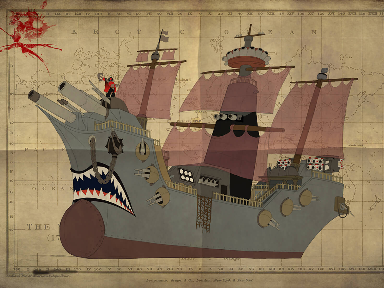 Concept art turnaround of a stylized battleship wielding modern guns and armor, with sails and hull of an older-style vessel.