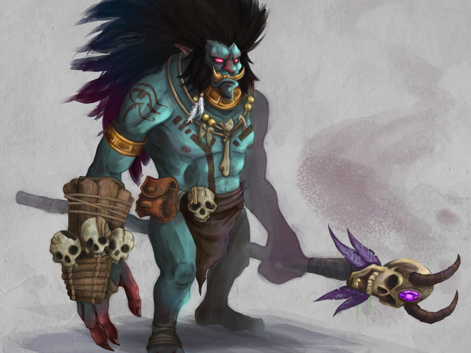 Concept art of a teal-colored monster with the features of a boar and lion, standing in shamanic dress adorned with skulls.