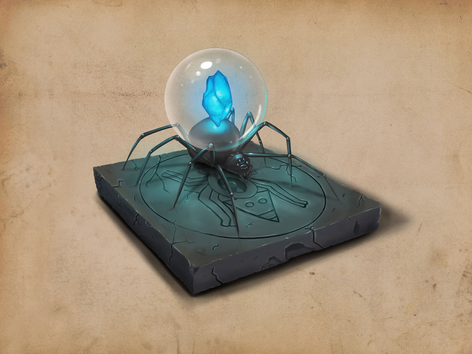 A large black spider with a glowing blue shard on its back, resting on a stone slab with a tribal symbol carved into it.