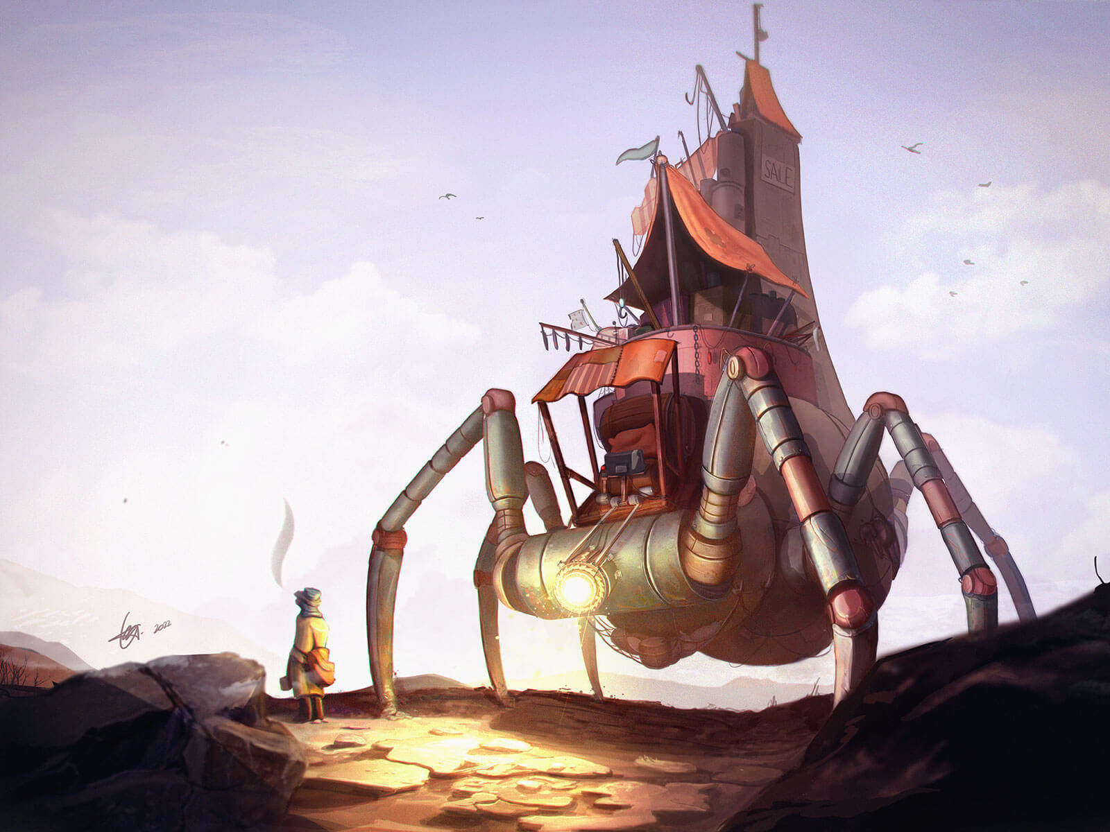 A person looks out into the distance as a mechanical spider-like vehicle stands in the background