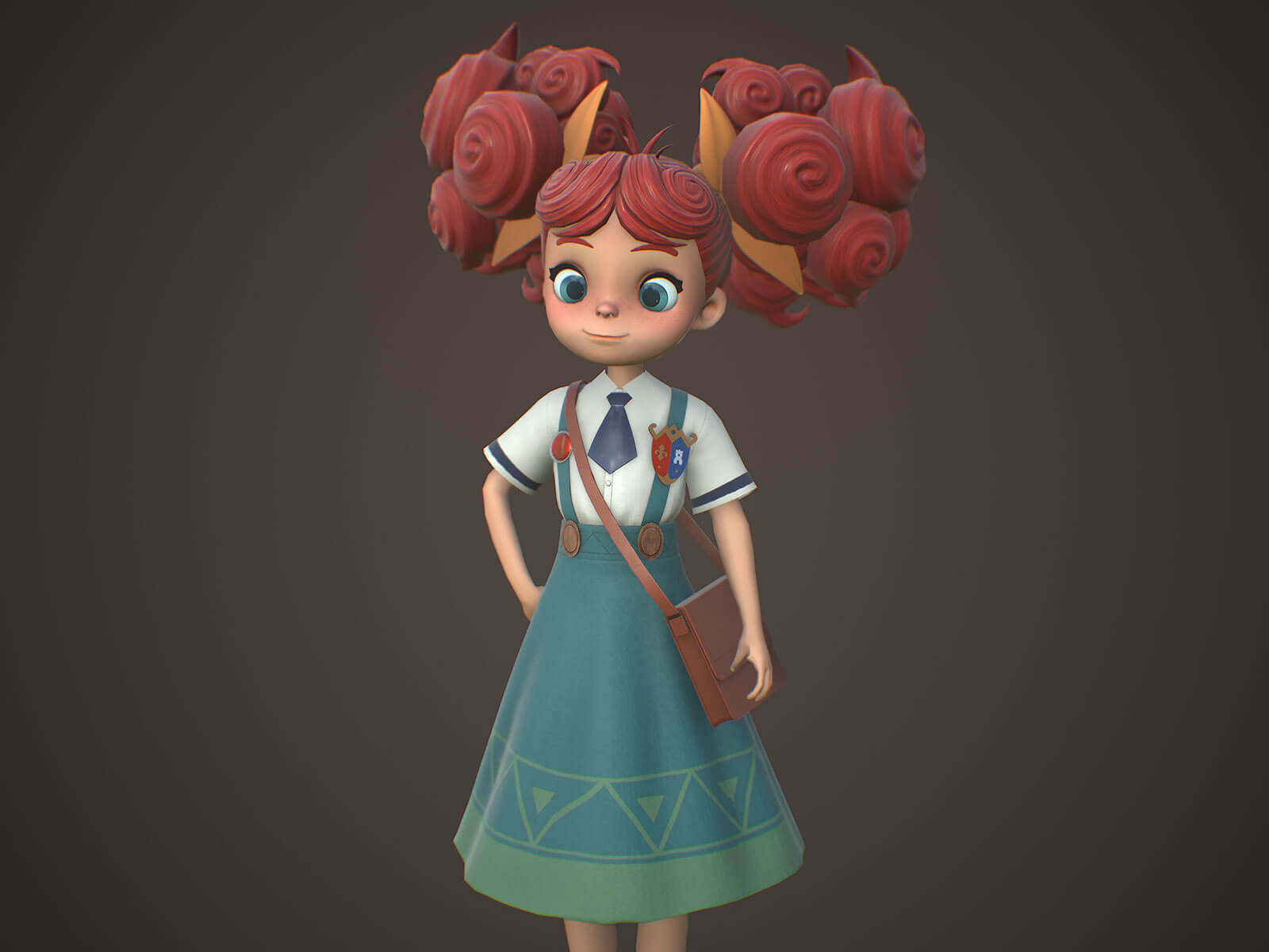 A young school girl with eccentric red hair wears a school uniform and a purse
