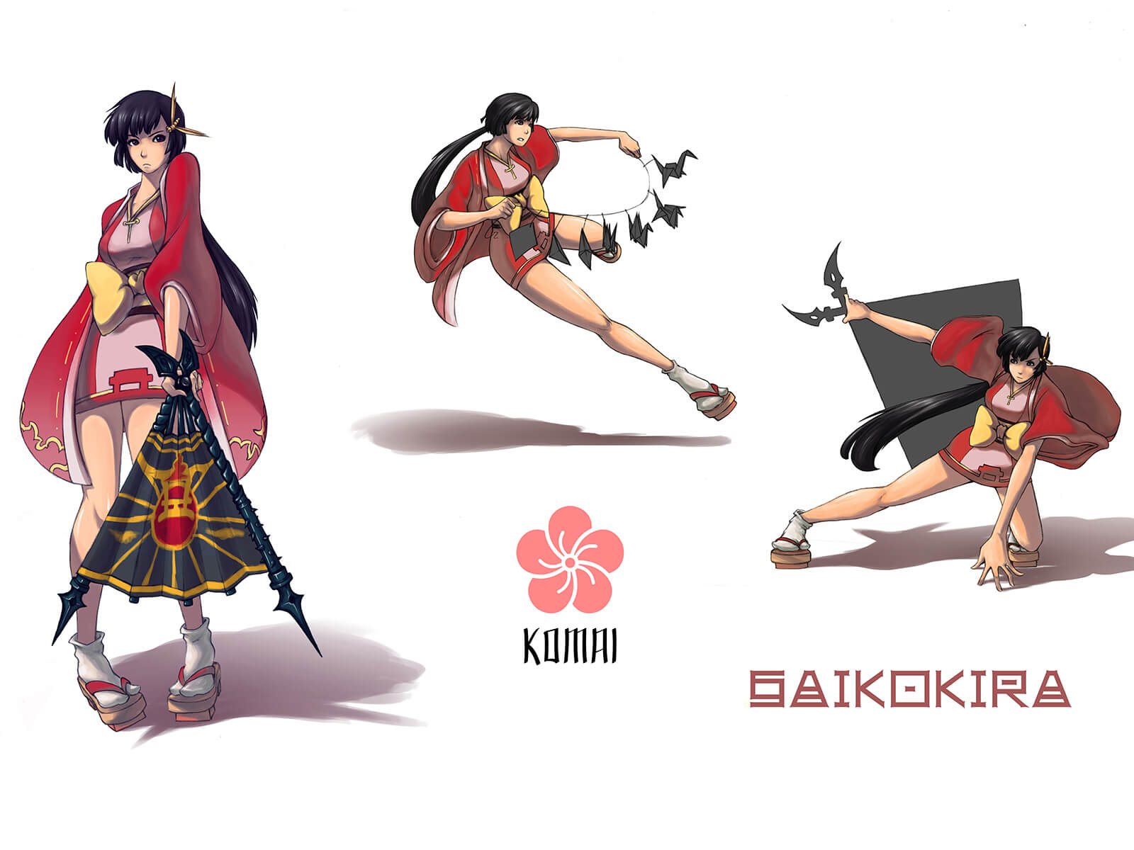 Concept art of a warrior named Komai in red traditional Japanese wear in various poses including a black war fan.