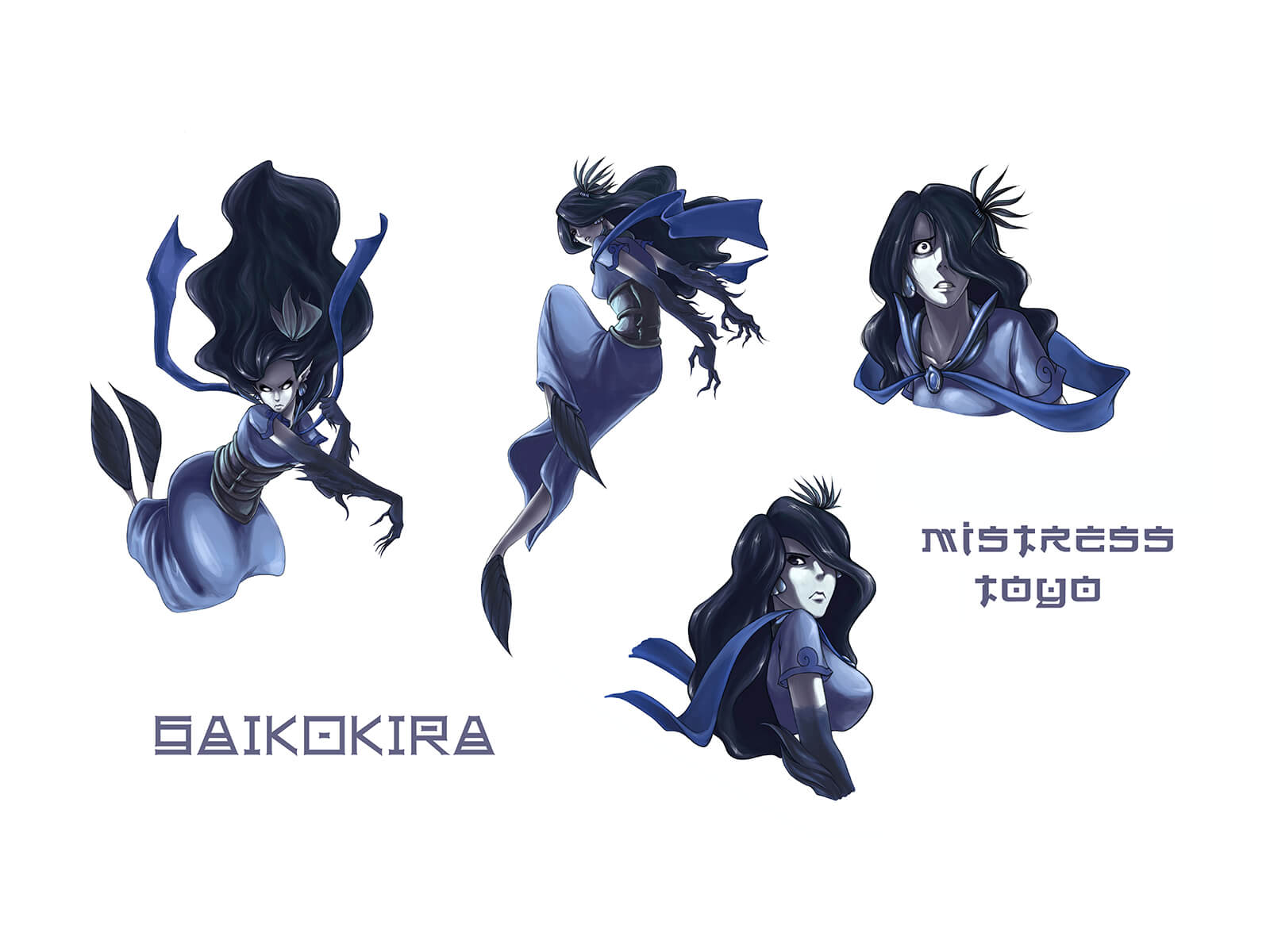 Concept art of a black-haired humanoid with frilled feet in various poses wearing deep blue garb named Mistress Toyo.