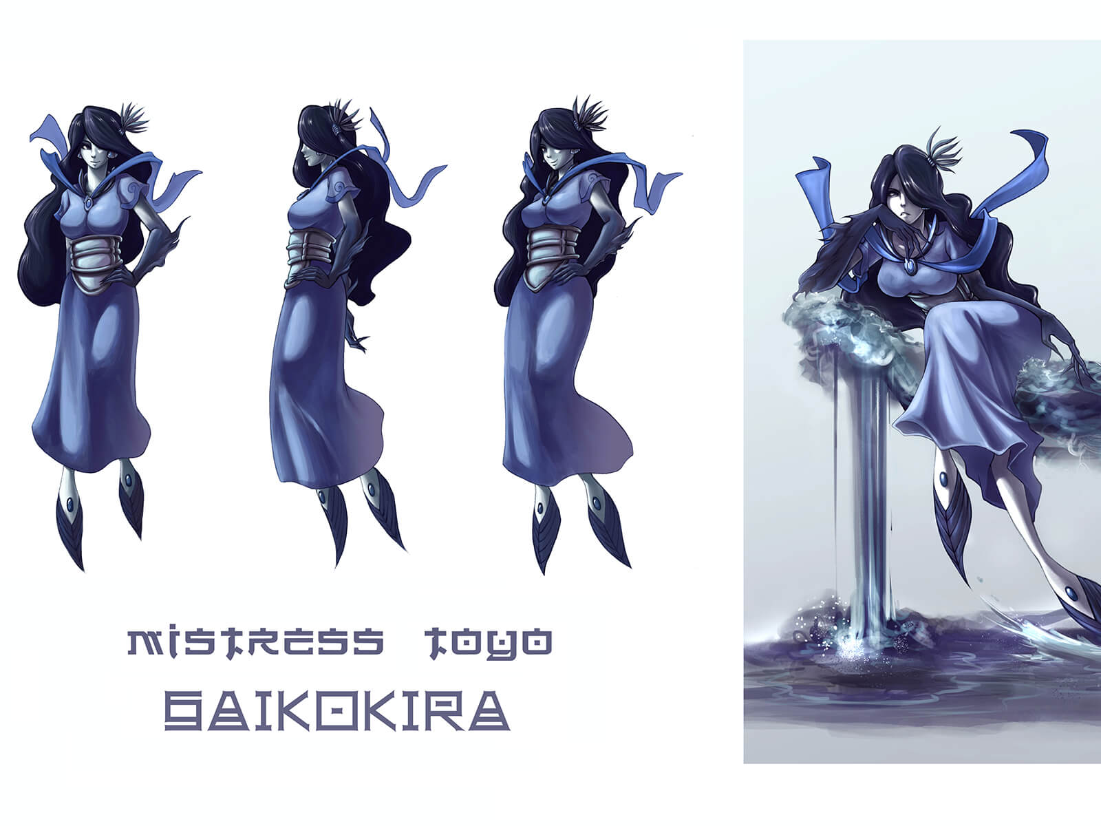 Concept art of a pale, black-haired humanoid with frilled feet in various poses, including sitting on a throne of water.