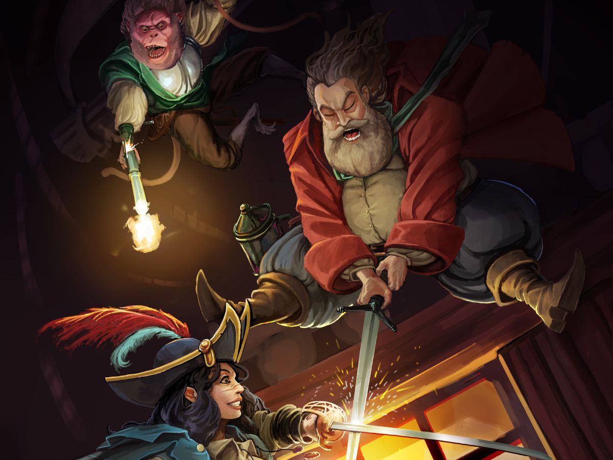 Digital painting of three fantasy characters engaged in a magical sword fight