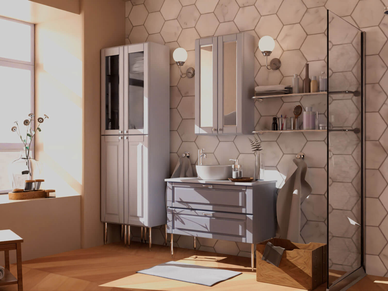 A look at a bathroom with a large window on the left and a shower on the right