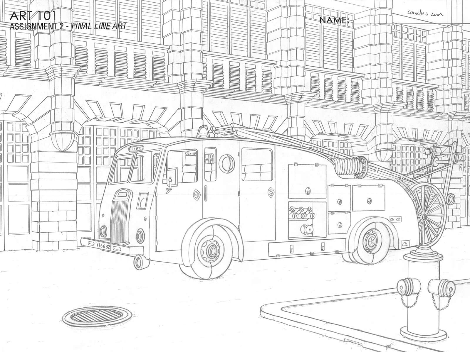 Black-and-white sketch of a fire engine next to a building.