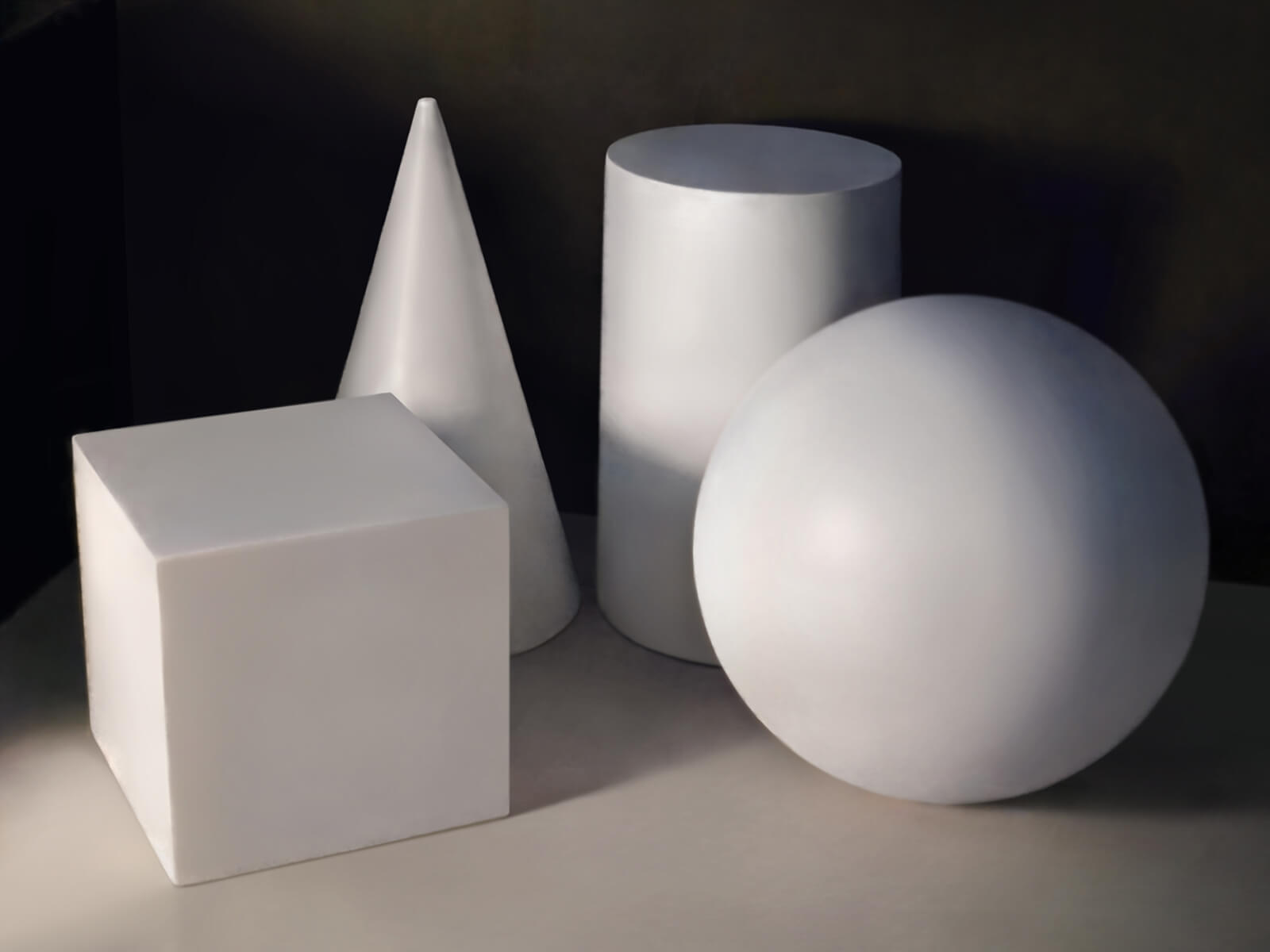 A still life digital painting of plain white shapes (a cube, sphere, cylinder, and cone) lit from the left.