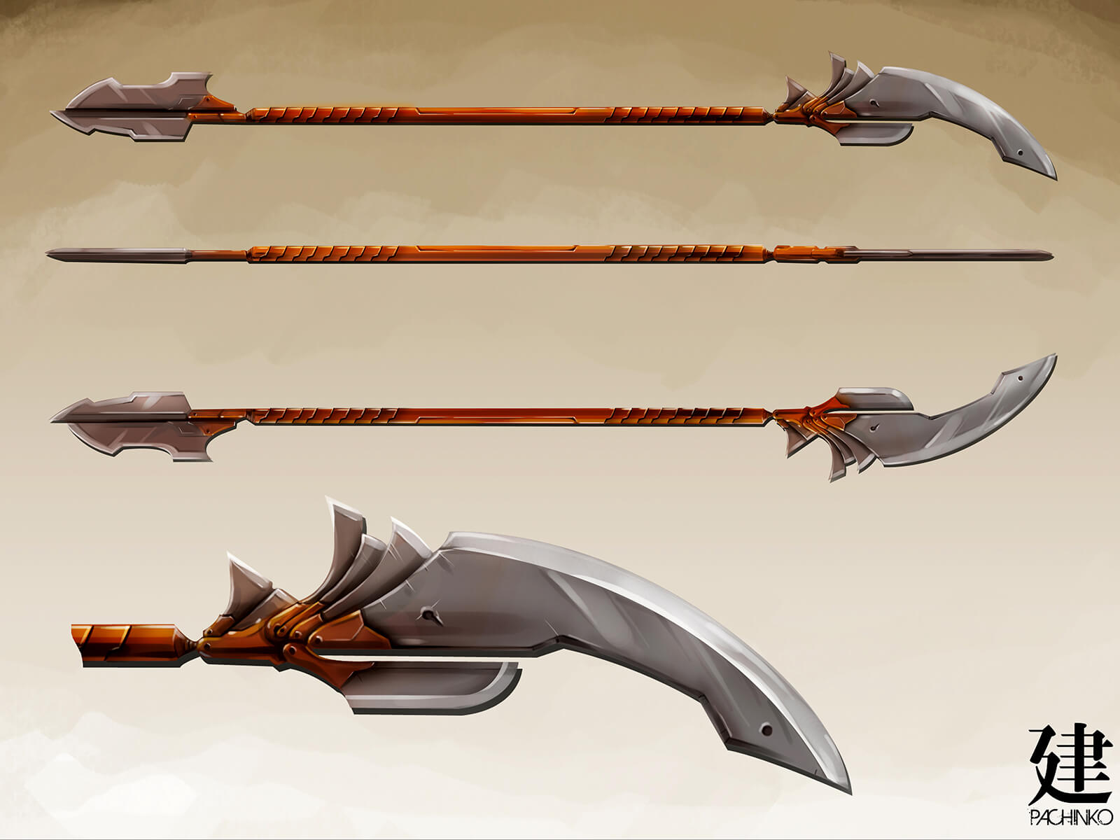 Concept art of a long weapon, bladed at both ends of its orange shaft, seen from different angles