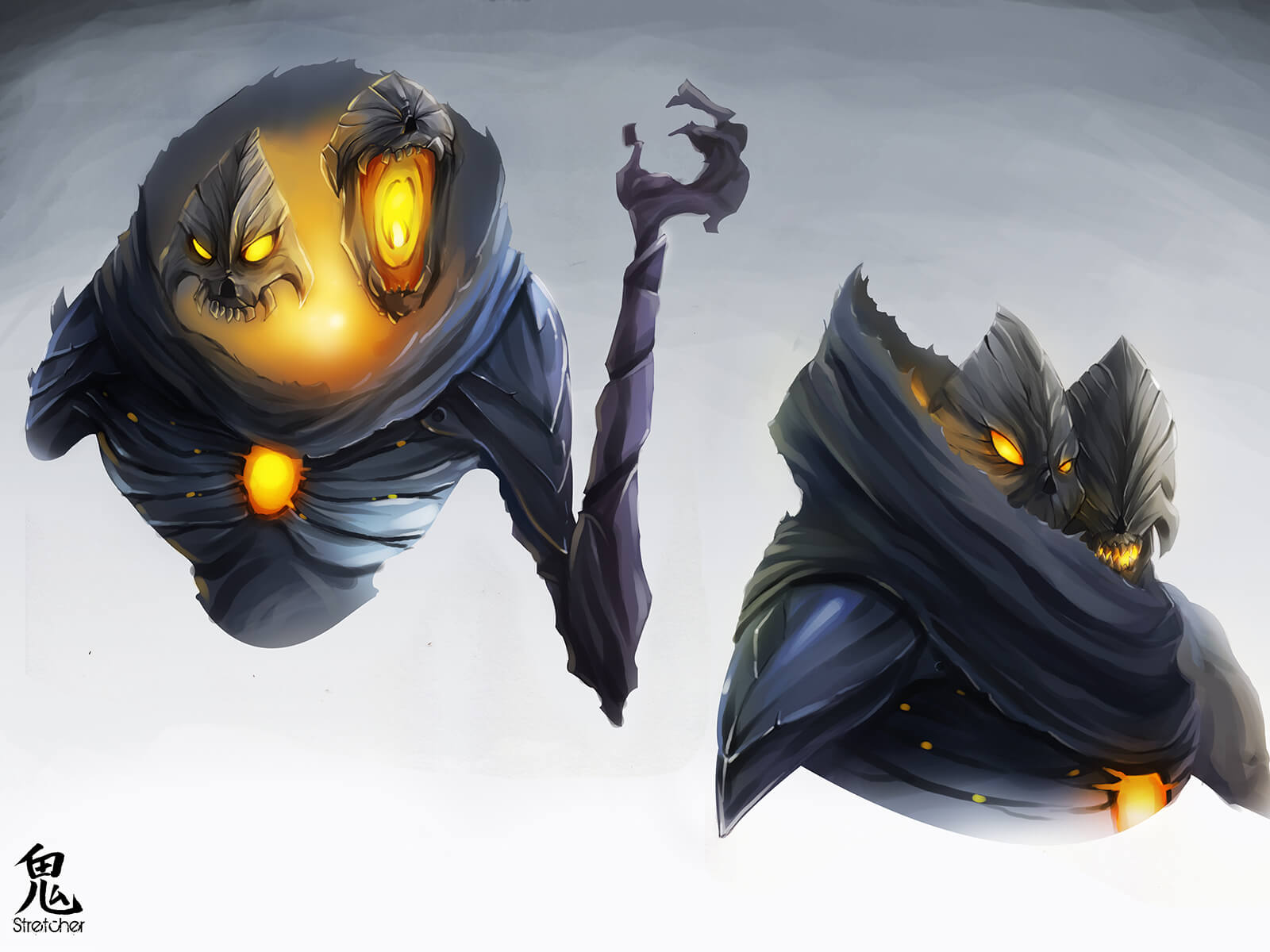 Concept art of a gray, demonic character with two heads, glowing orange from its eyes, neck, and chest.