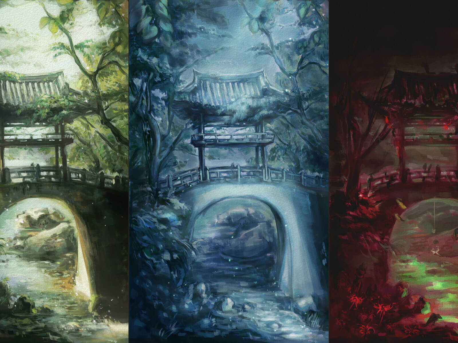 A red, green, and blue version of a bridge and Japanese styled covering within a forest
