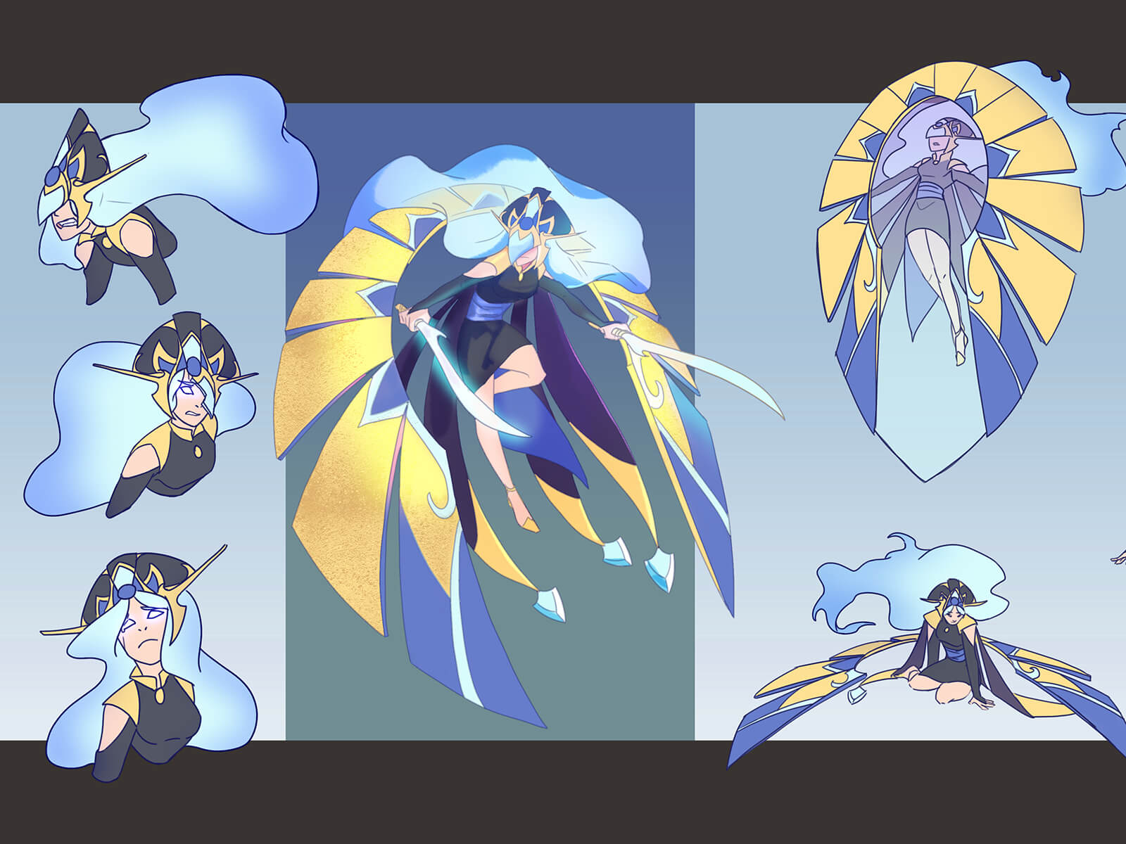 Concept art of an angelic warrior with wispy white hair, in a black tunic draped by gold and blue wings in various poses.