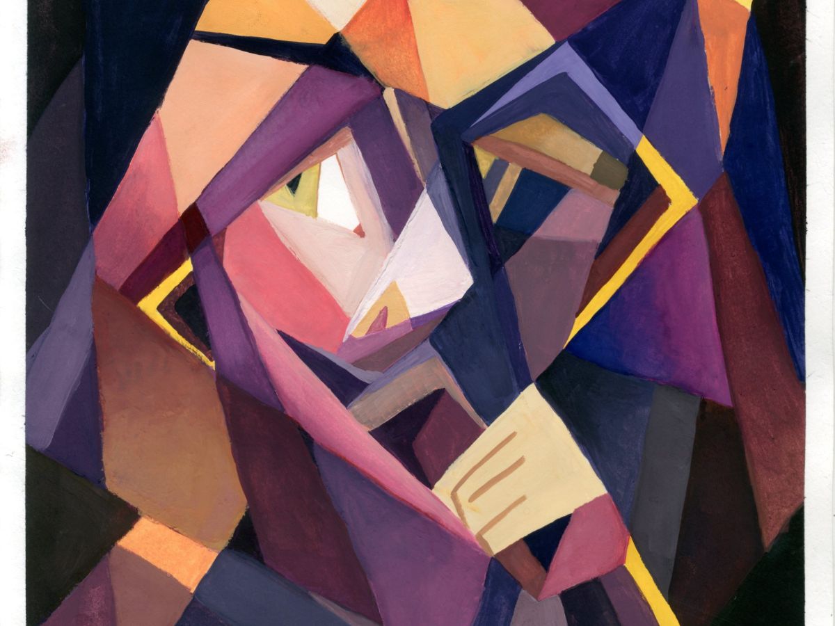 Cubist style traditional painting of an artist self-portrait