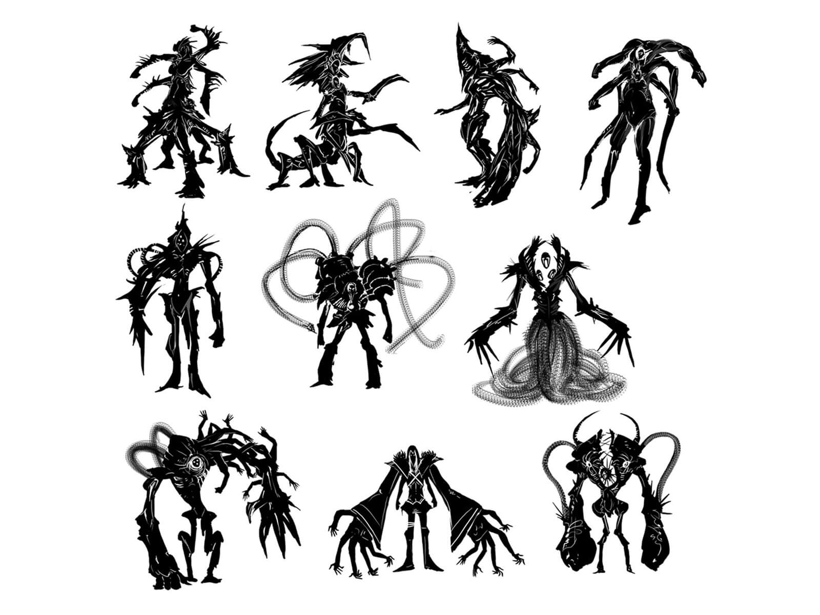 Black-and-white development sketches of an angular multi-armed/legged beast, some with cybernetic augmentations.