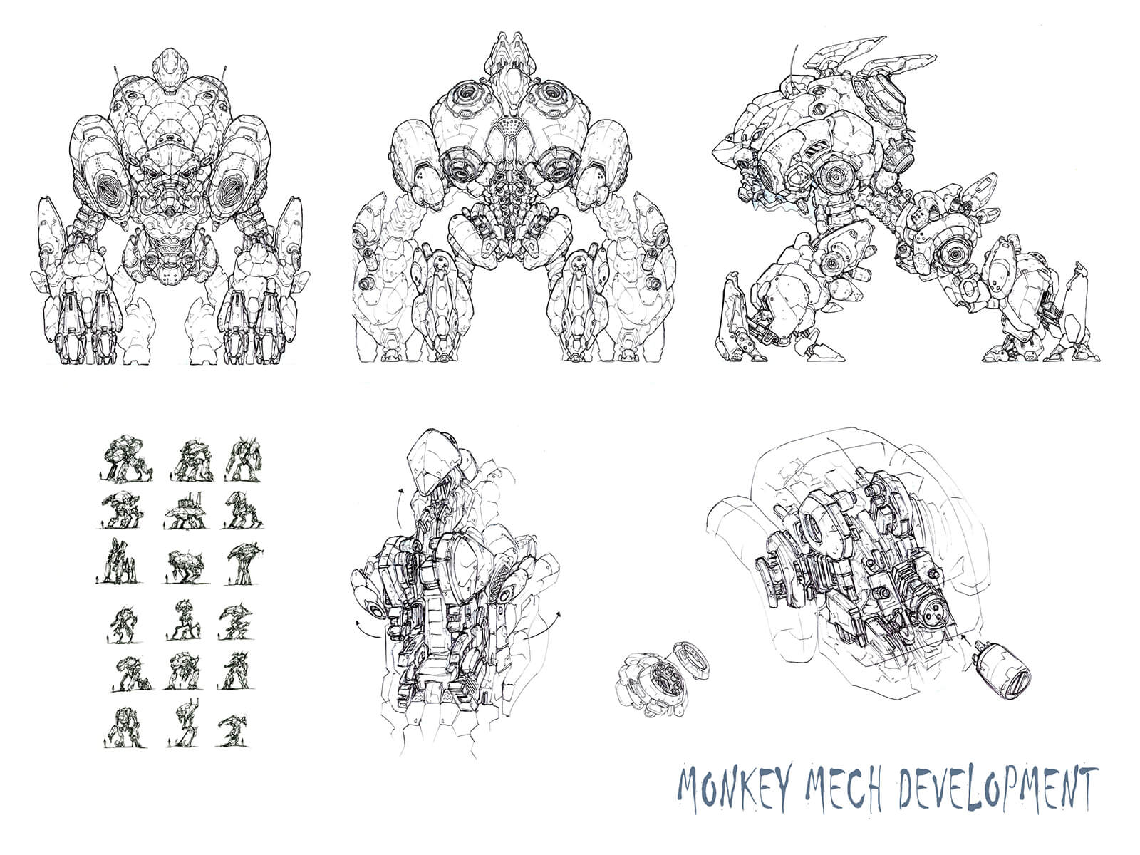 Black-and-white concept sketches and cross-sections of a hulking, quadrupedal mech machine in various resting poses.
