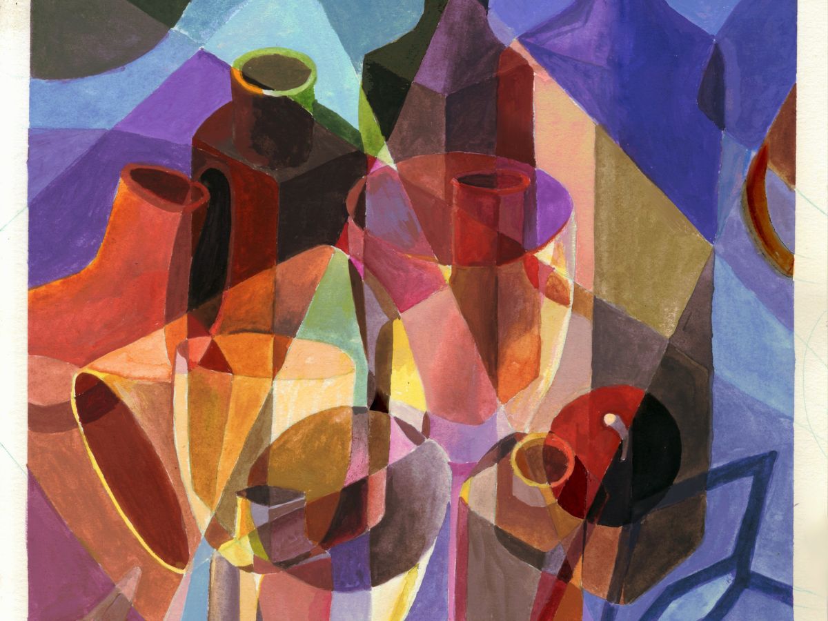 Cubist style traditional painting of glass wares