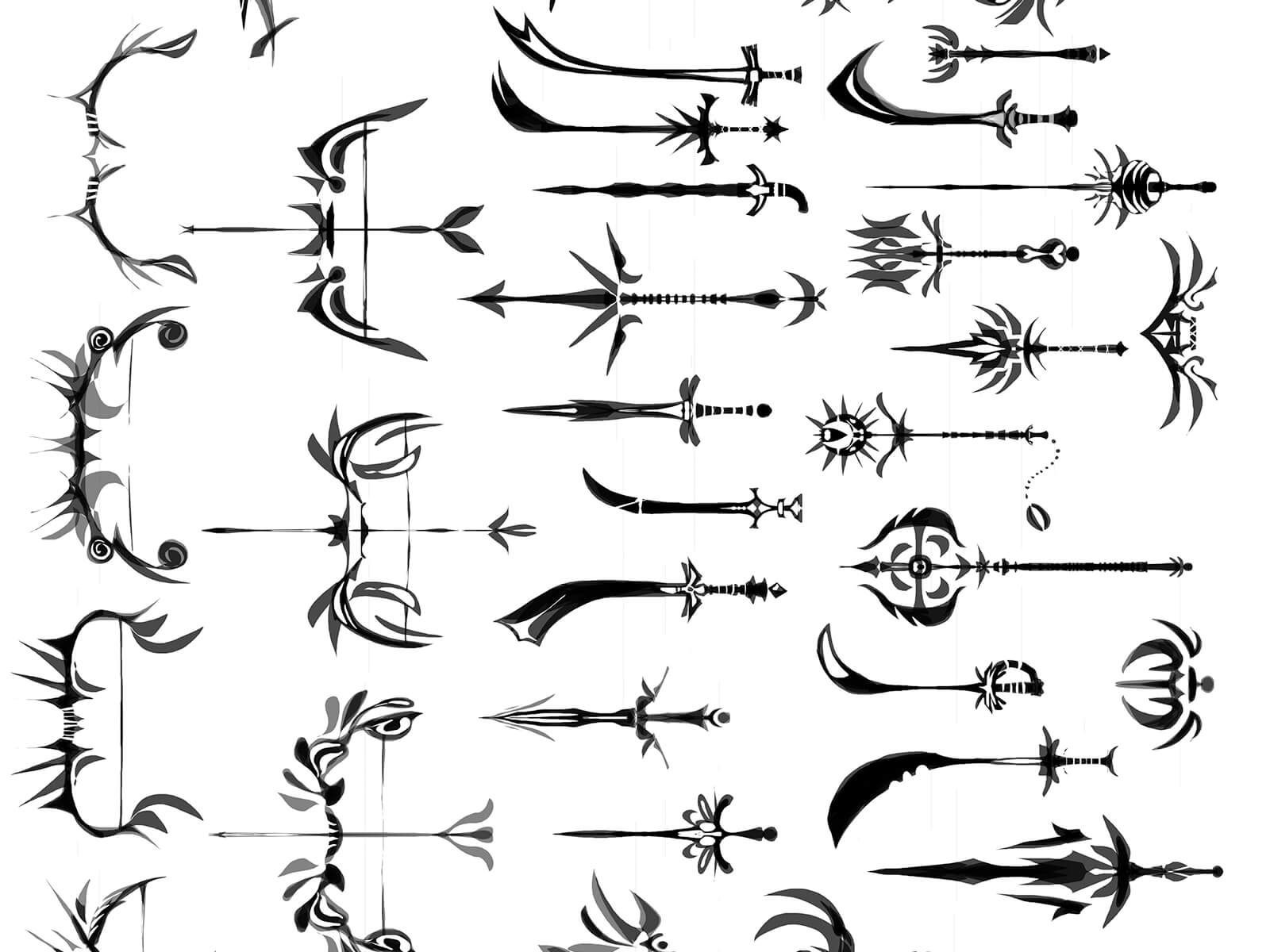 Black-and-white sketches of side-view silhouettes of various ornate swords, bows, and pikes.