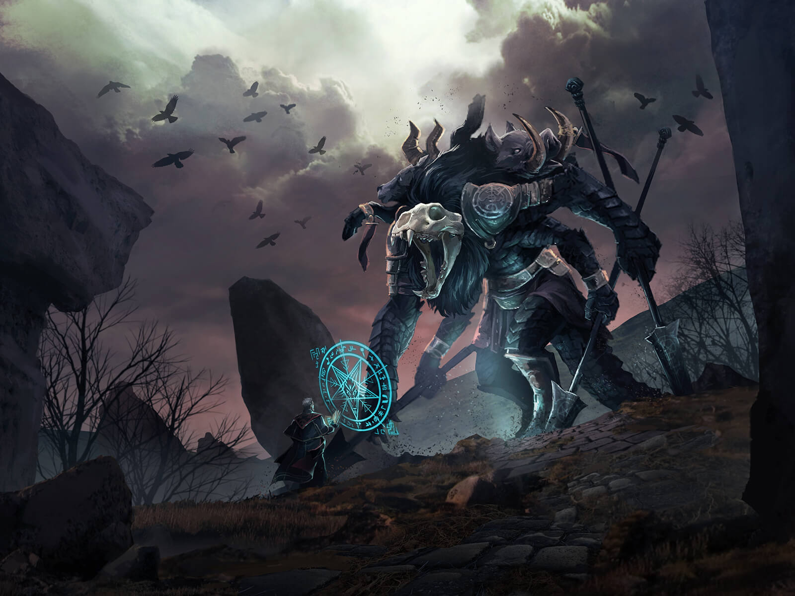 In a dark, desolate area, a man casts a glowing blue rune in front of a tall, roaring beast carrying large spears.