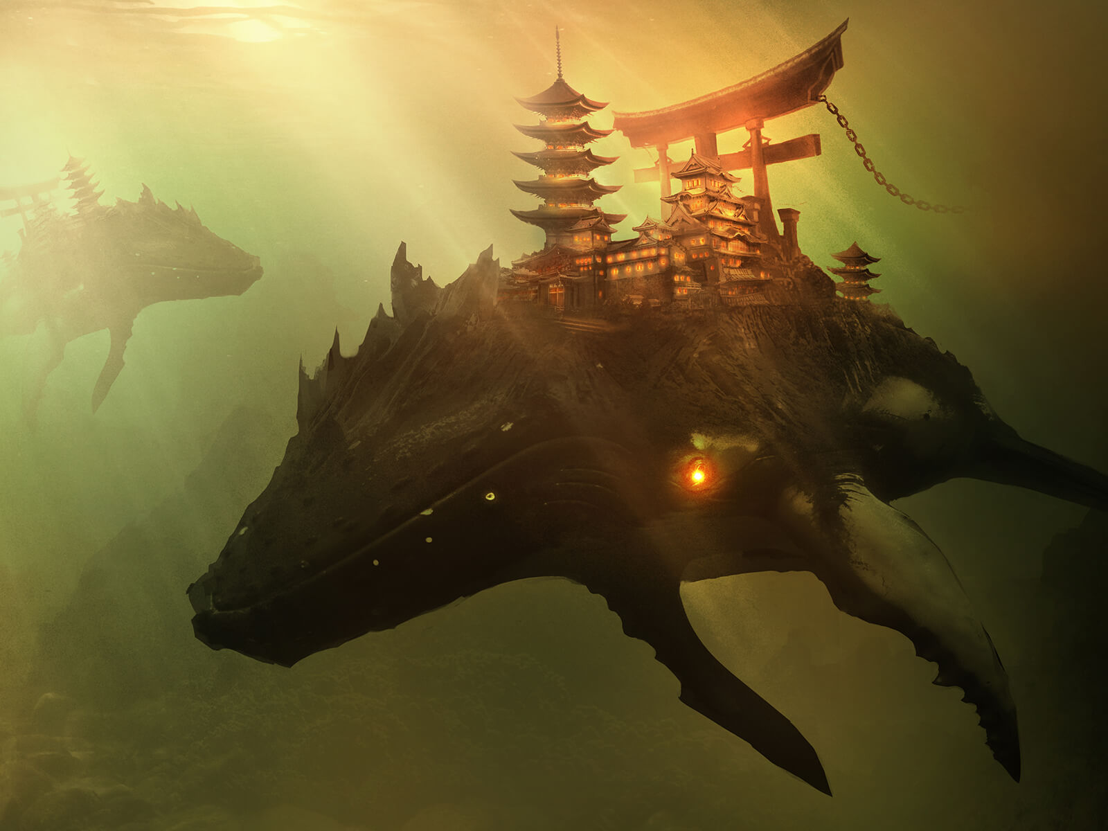 Whales swim through murky, rocky water, carrying pagoda-style castles and torii gates on their back.
