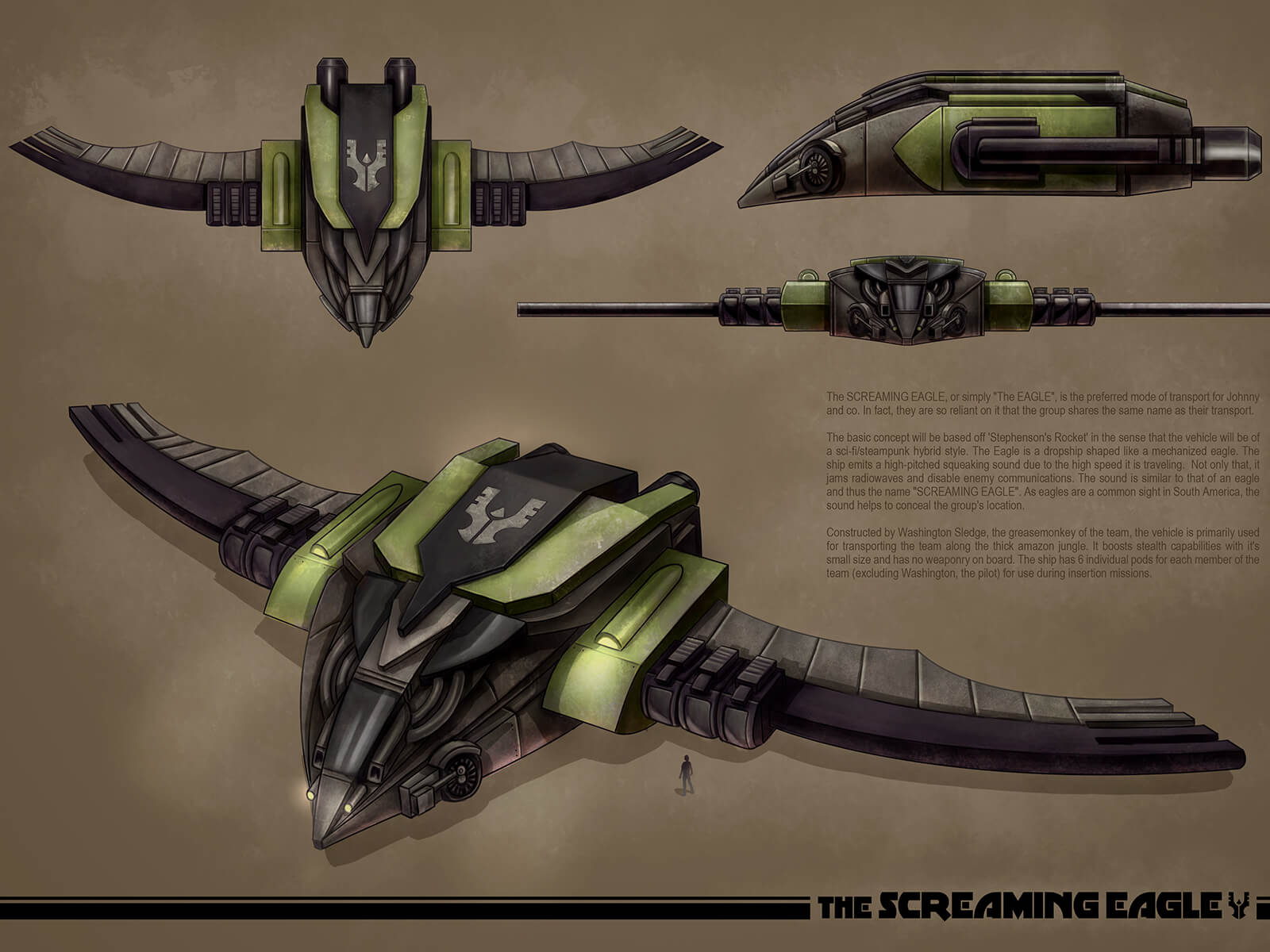 Concept art of a black and green flying vehicle with ornamentation resembling an eagle as seen from different angles.