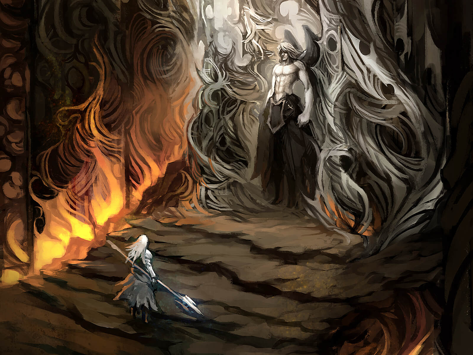 In a dark, flame-lit cavern, a white-haired figure approaches a taller figure standing atop an adorned stone pedestal.