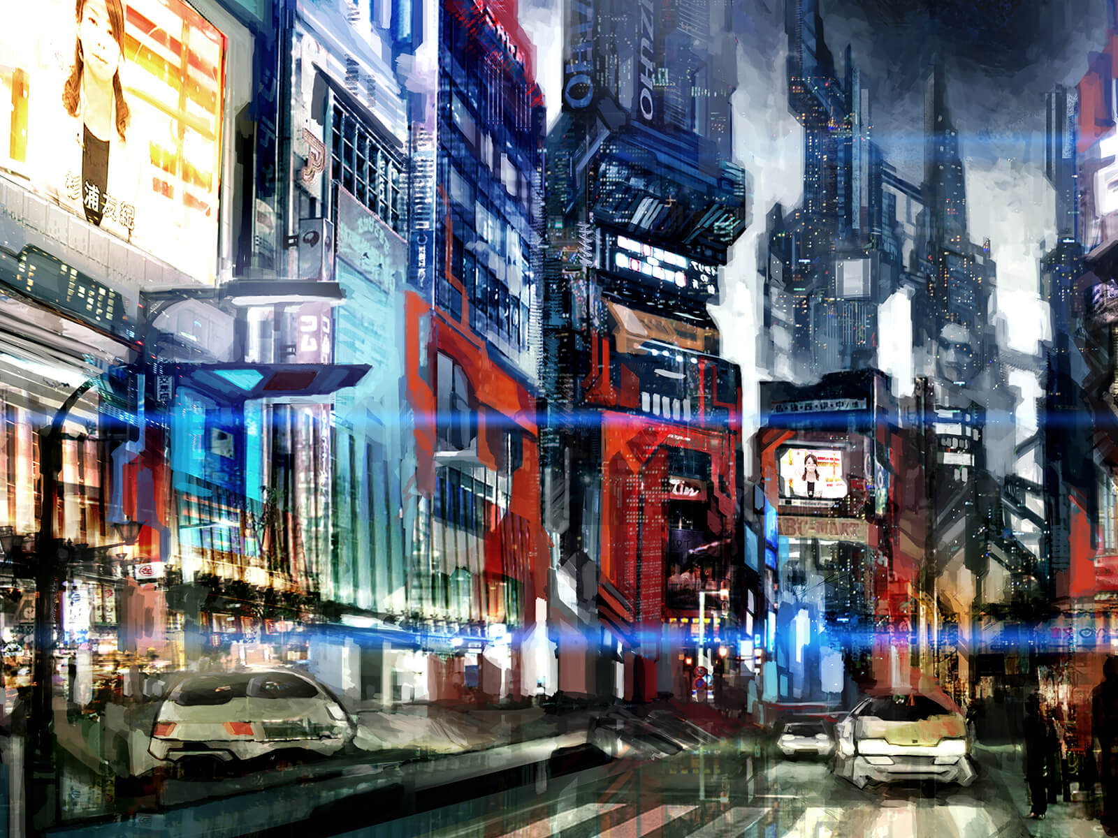 A cyberpunk-style city street at night, flanked by brightly lit skyscrapers adorned with projected images and video.