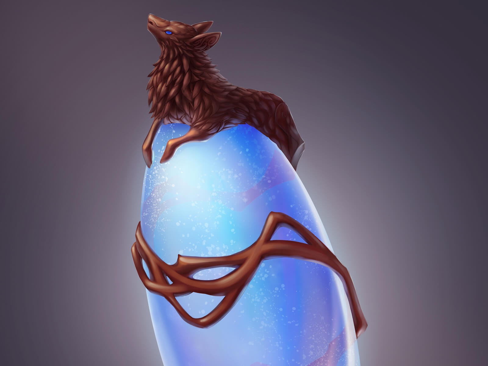 A translucent blue, egg-shaped gem enveloped by a brown lamb-like figure elongated to wrap around the gem's entirety.