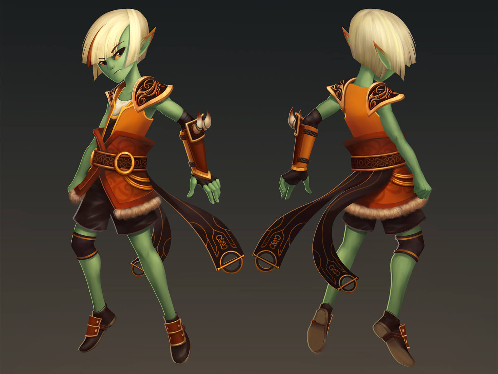 A turnaround sketch of a green elf-like character with blond hair in ornate, light-leather armor.