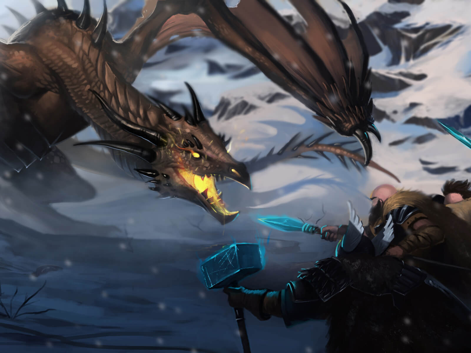 Sword-, spear-, and hammer-wielding warriors confront a large, brown dragon in a snowy environment.