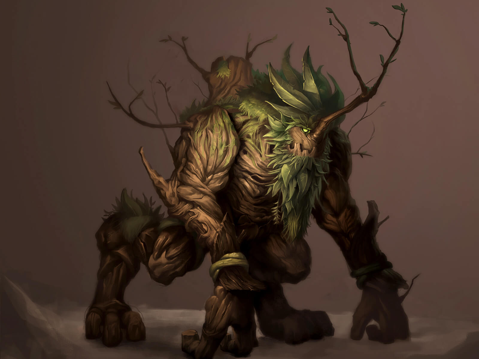 A quadrupedal beast made of wood, with a mane of leaves and grass, and a branch jutting out of its face like a horn.