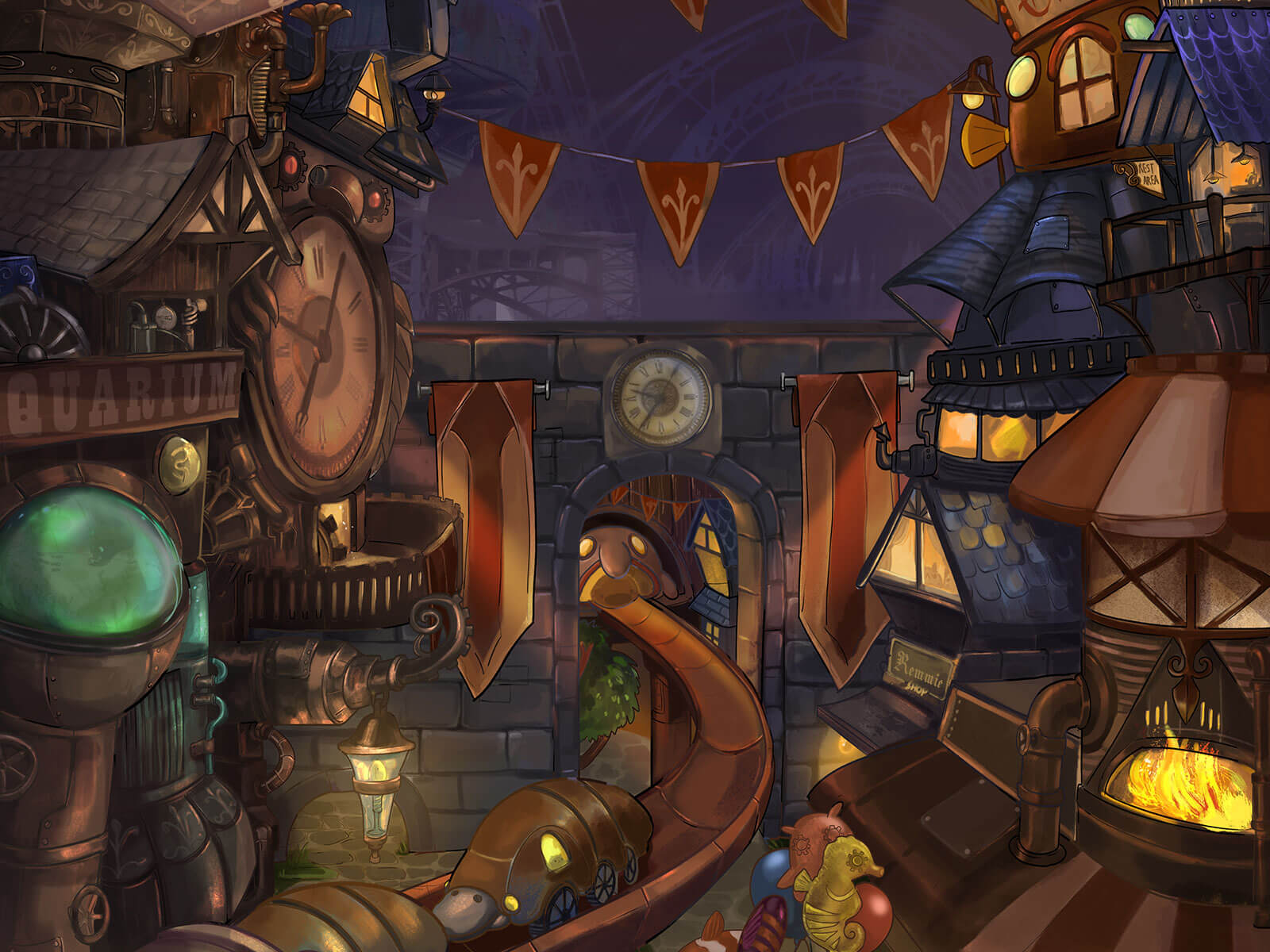 A lively, steampunk-style city scene at night.
