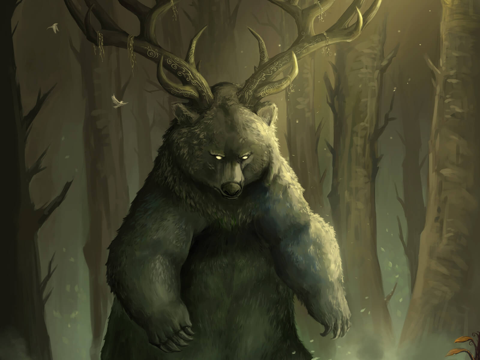 A man with an ax surrounded by tree stumps stands before an enormous upright bear with massive antlers in a dimly lit glade.