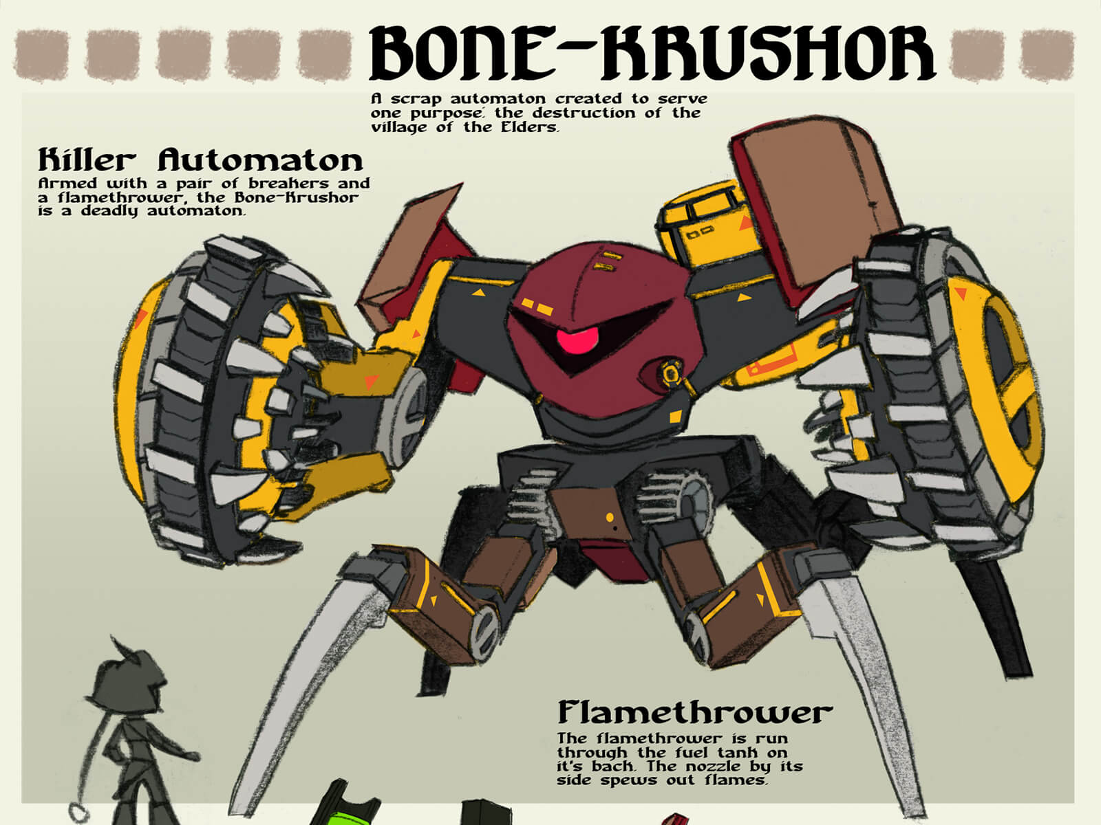 Concept art and details of a large quadrupedal robot with a single red eye and grinding wheel-like fists.