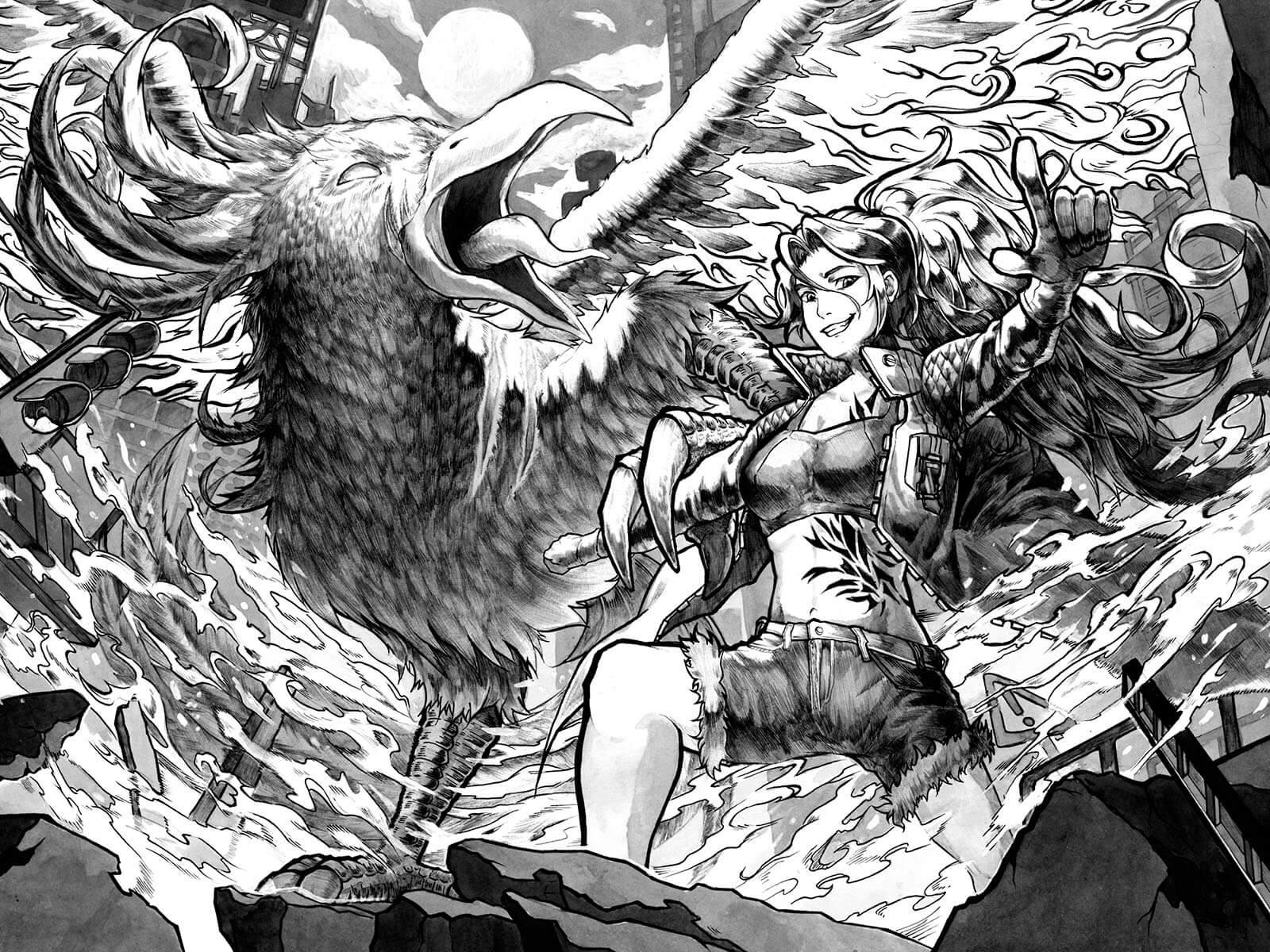 Black-and-White sketch of a woman posing with a griffon-like animal.