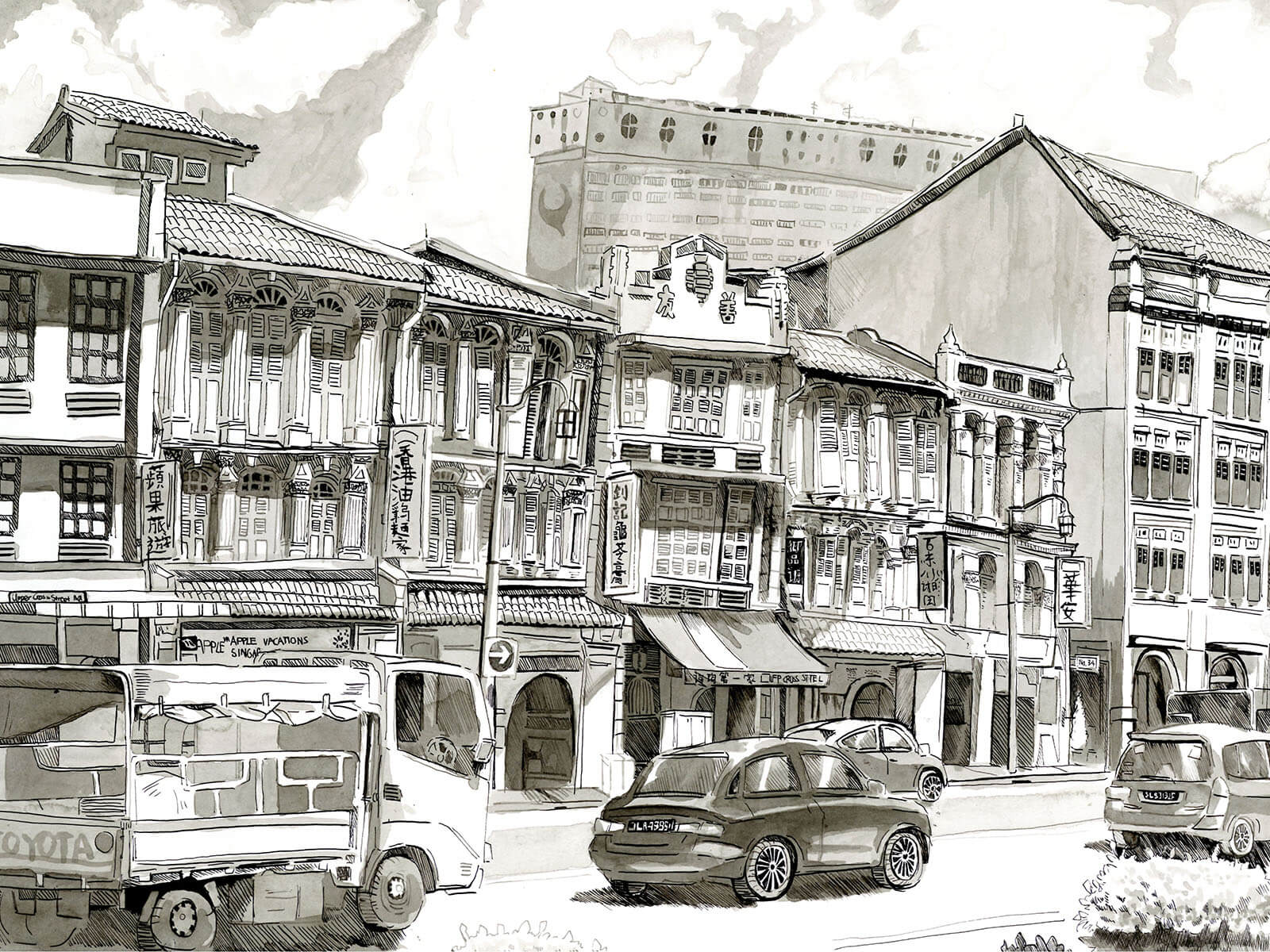 Black-and-White sketch of low-rise buildings in an urban area.