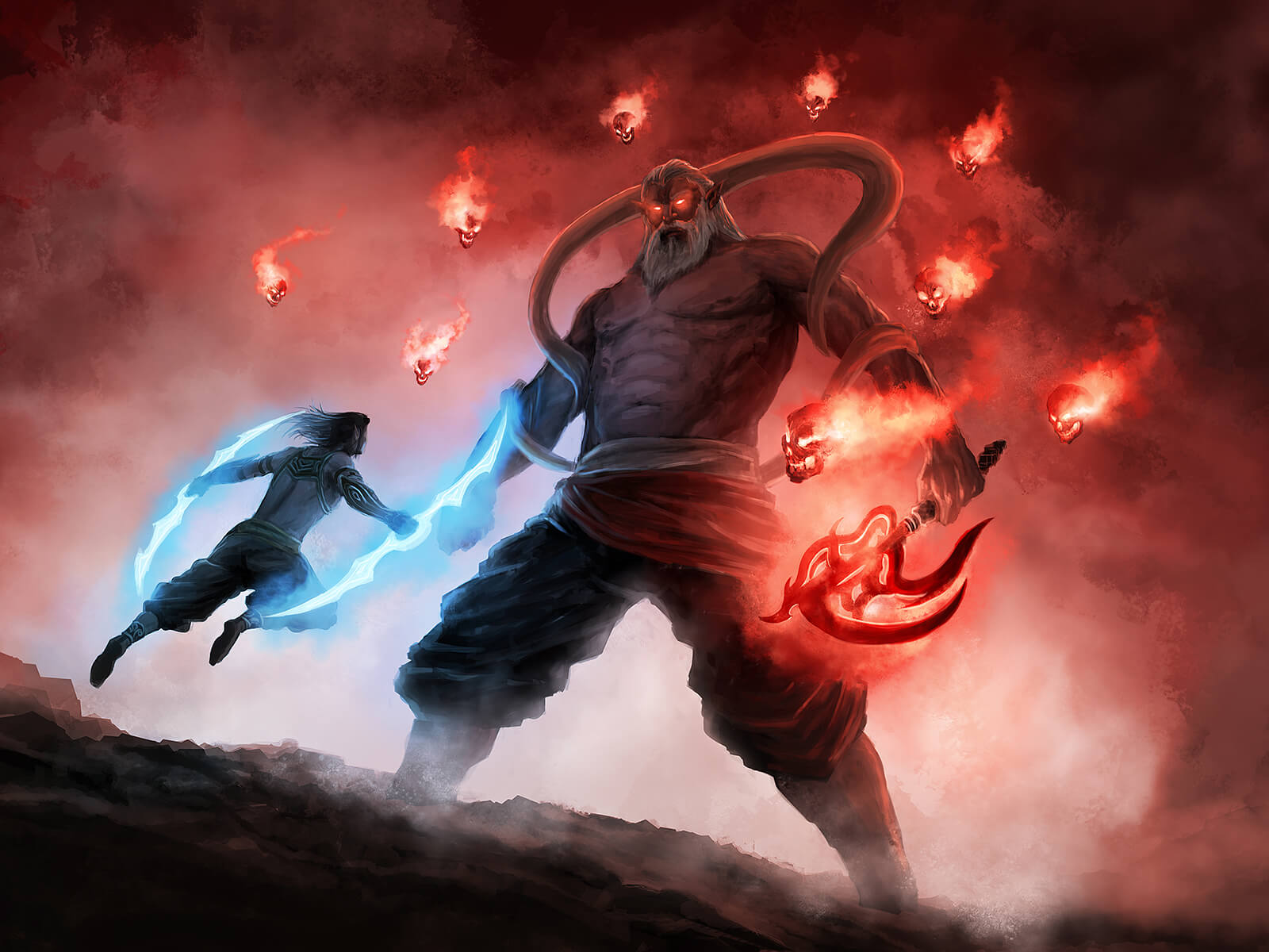 A man wielding glowing, double-sided blades leaps at an enormous, horned demon surrounded by flaming red skulls.