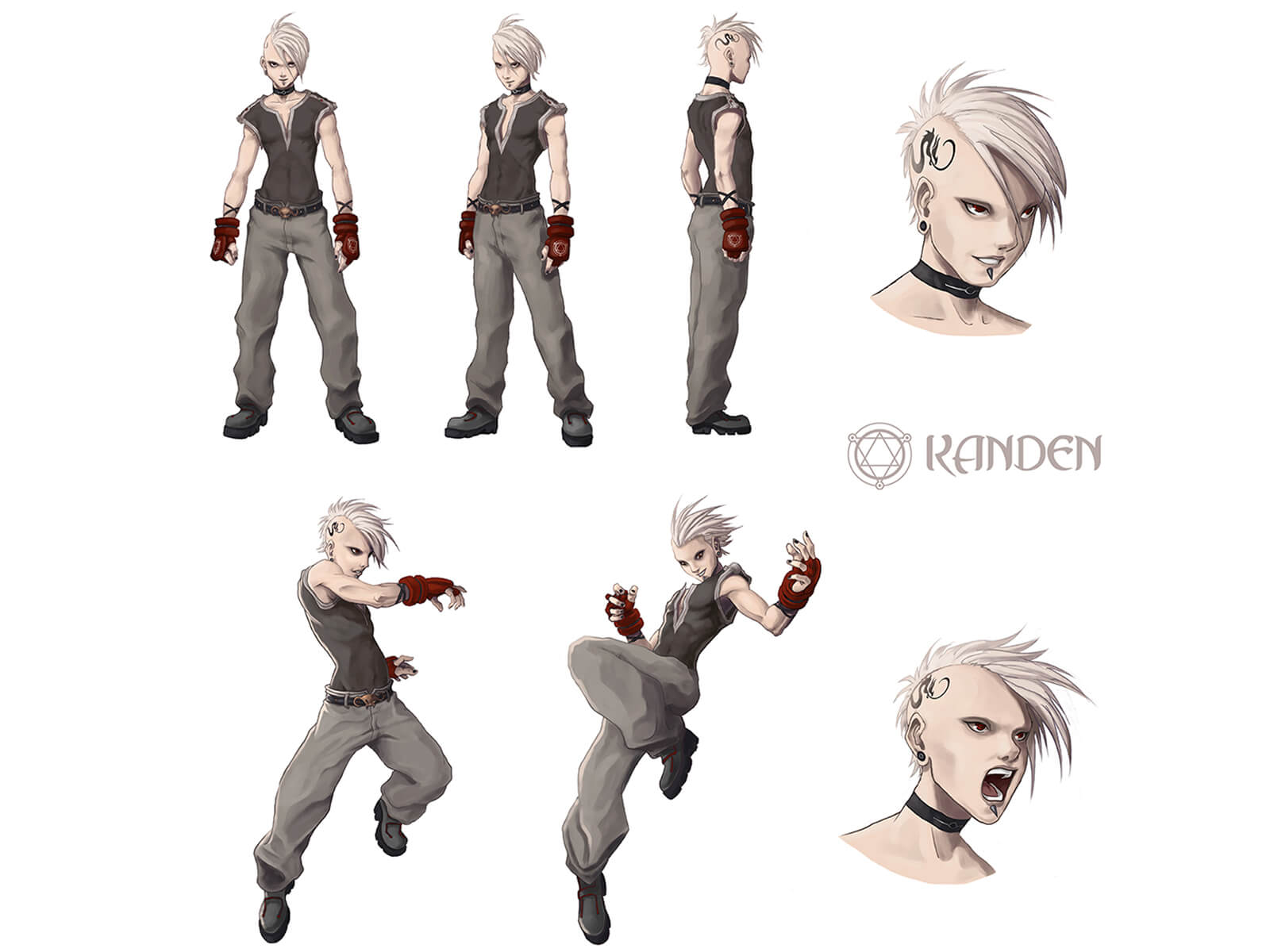 Turnaround sketches of a white-haired woman with a black dragon tattooed on a shaved side of her head.