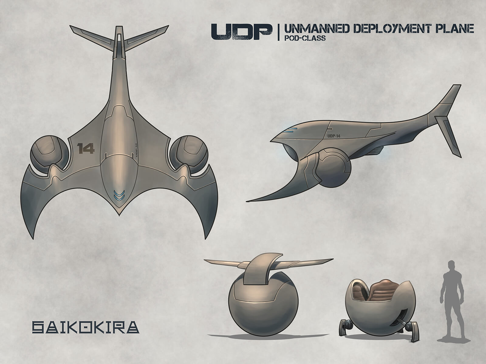 Sketch of a futuristic gray-metal flying vehicle, including spherical pods meant to detach holding a single occupant.