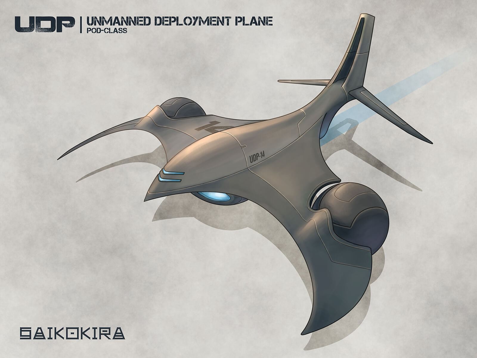 Sketch of a futuristic gray-metal, jet-powered flying vehicle, including spherical pods attached to its swept wings.