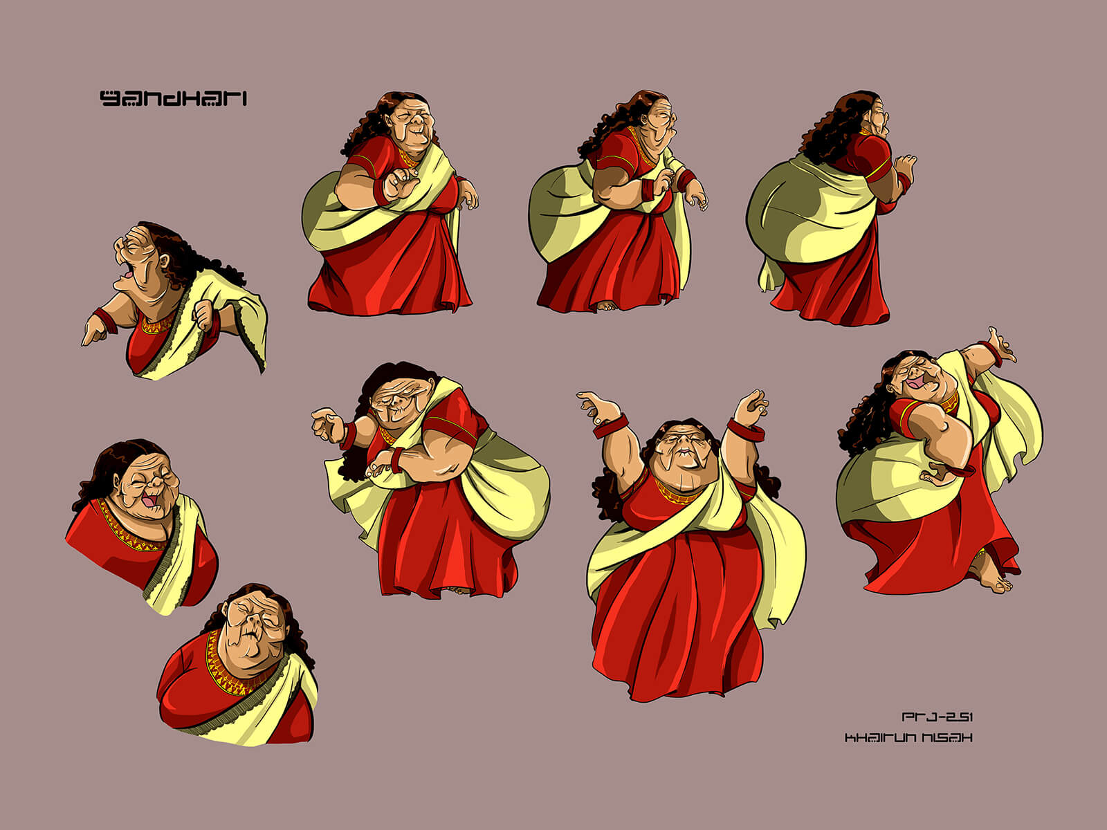 Character sketches of an old, wrinkled woman in a yellow and red sari-type dress as she dances and delivers various reactions.